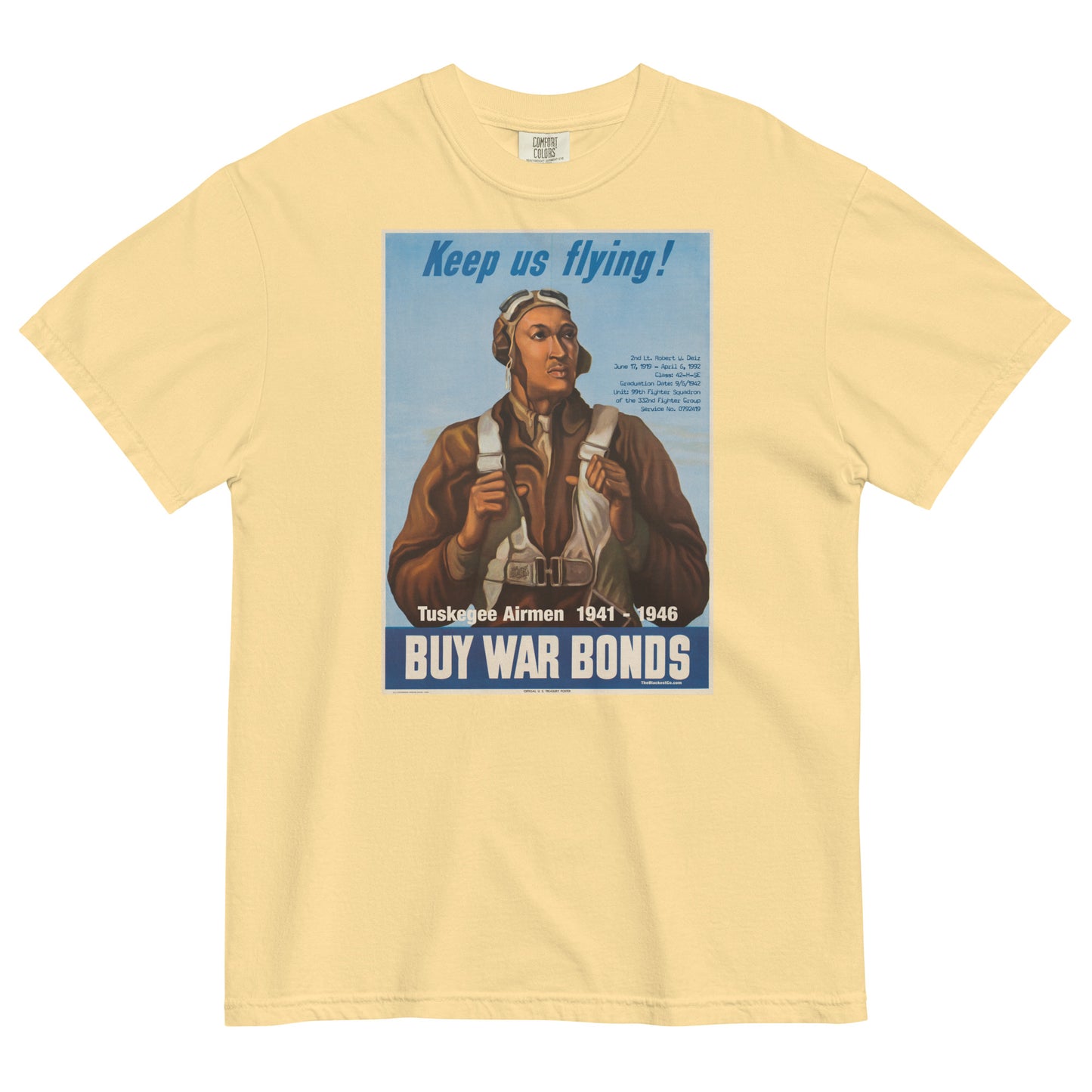 butter yellow t shirt with the image of an african american wwii pilot and tuskegee airmen written on it
