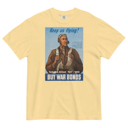 butter yellow t shirt with the image of an african american wwii pilot and tuskegee airmen written on it