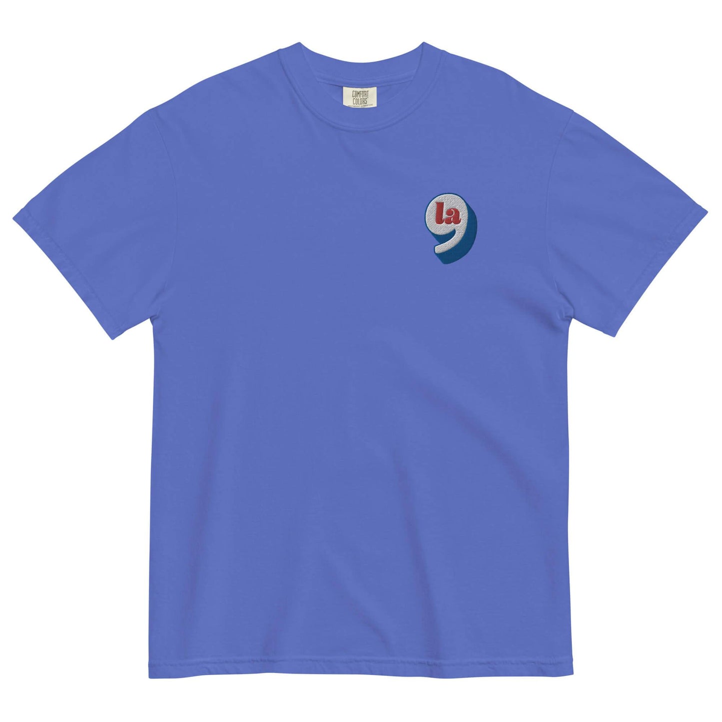 Light blue heavyweight t-shirt with red white blue embroidery