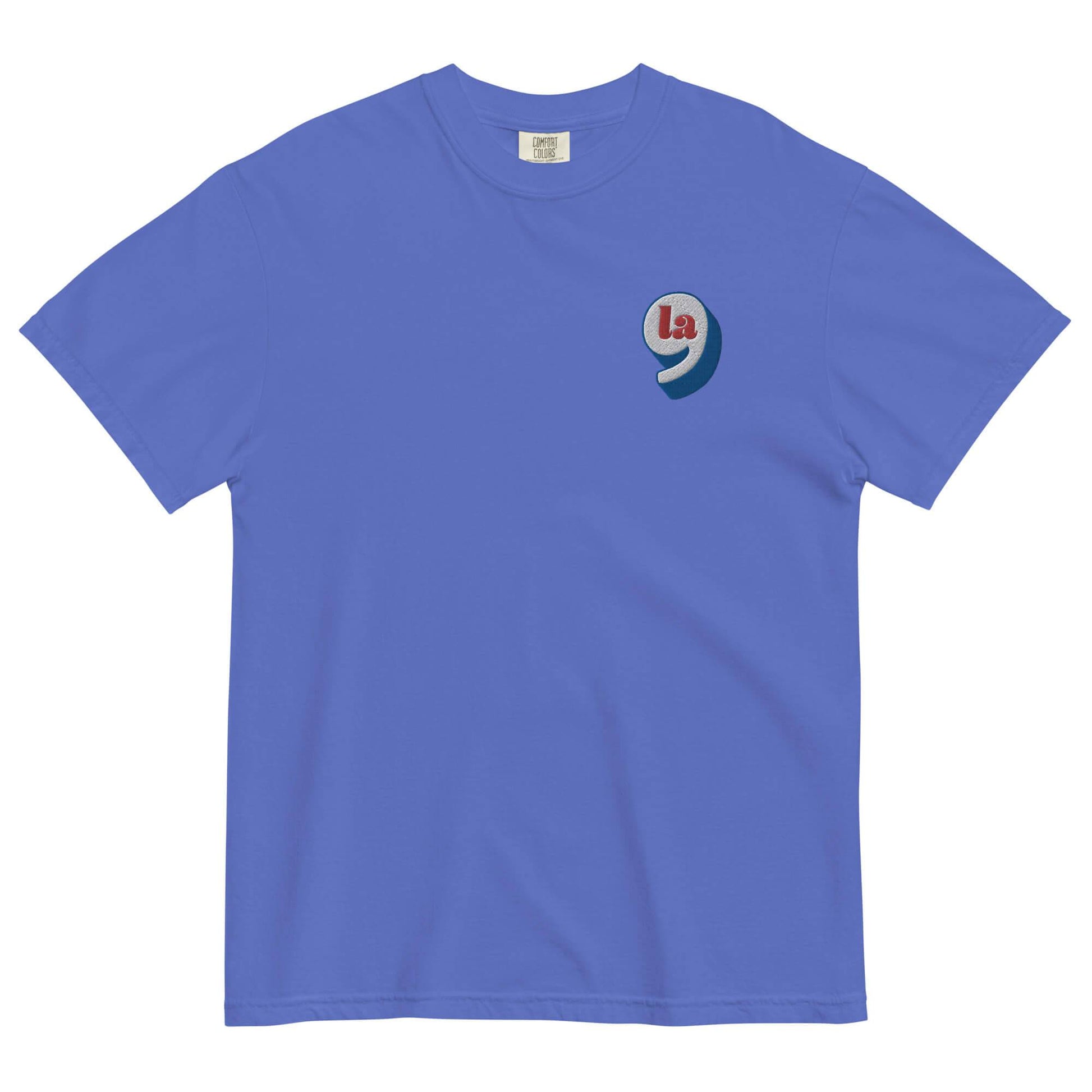 Light blue heavyweight t-shirt with red white blue embroidery