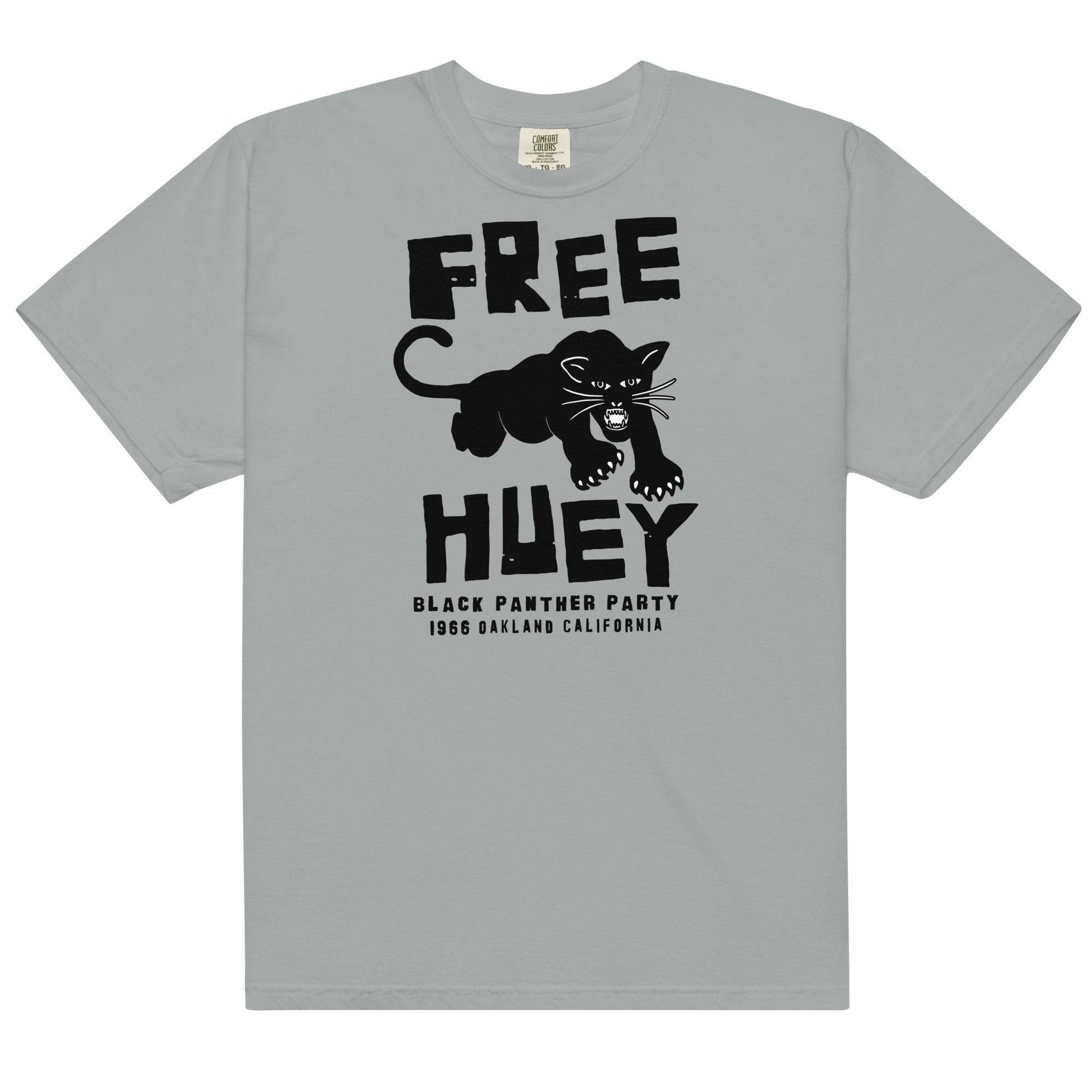 a grey t - shirt with a black panther on it and says free huey