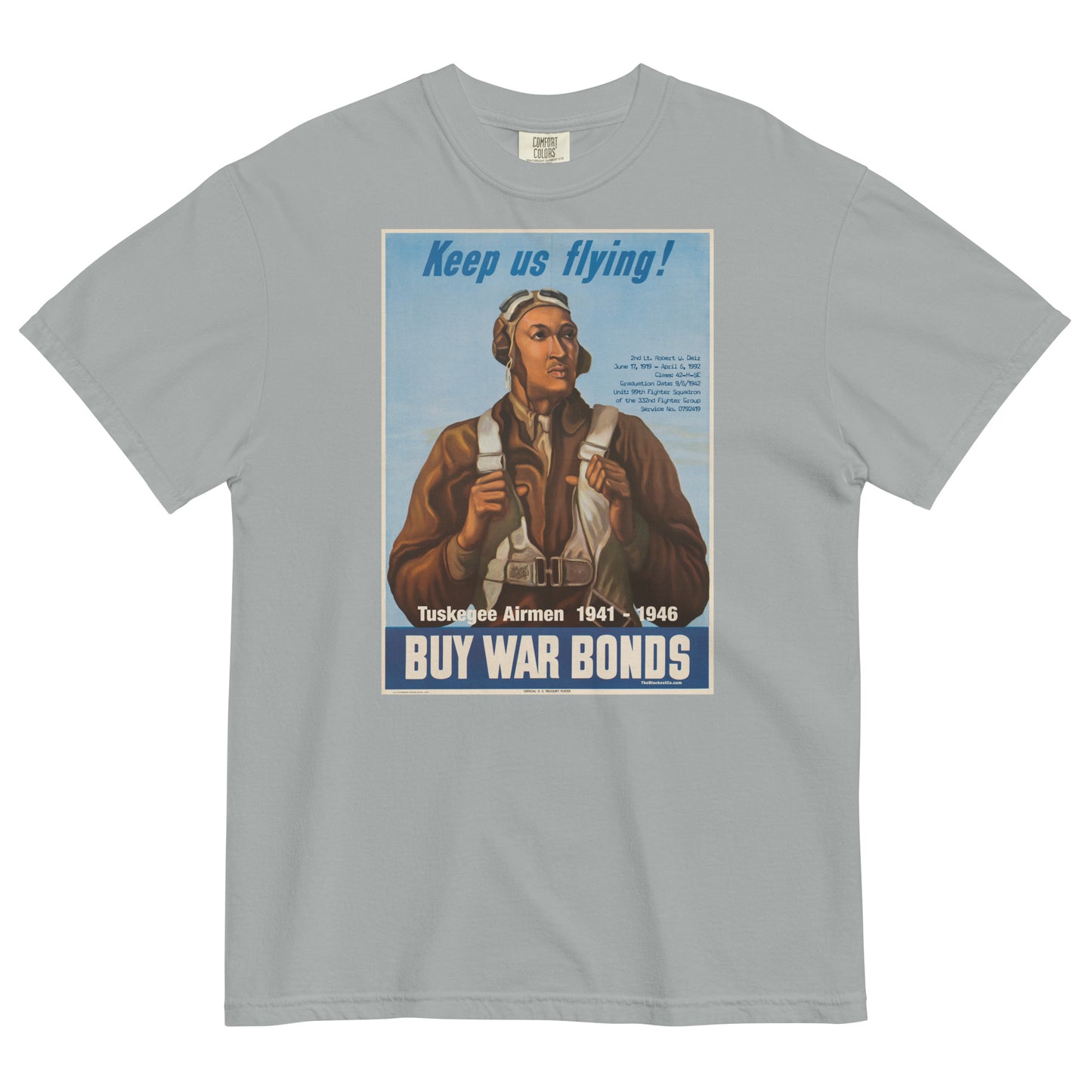 light grey t shirt with the image of an african american wwii pilot and tuskegee airmen written on it
