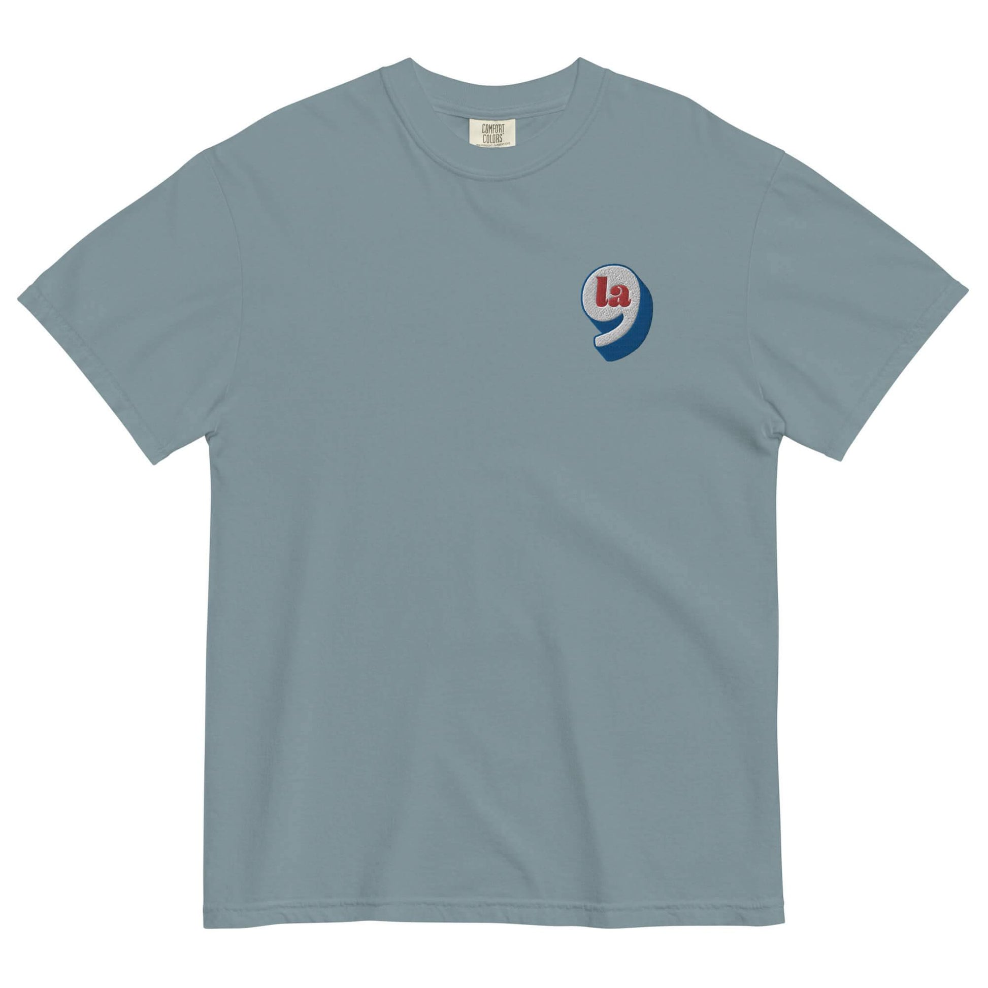 Teal heavyweight t-shirt with red white blue embroidery