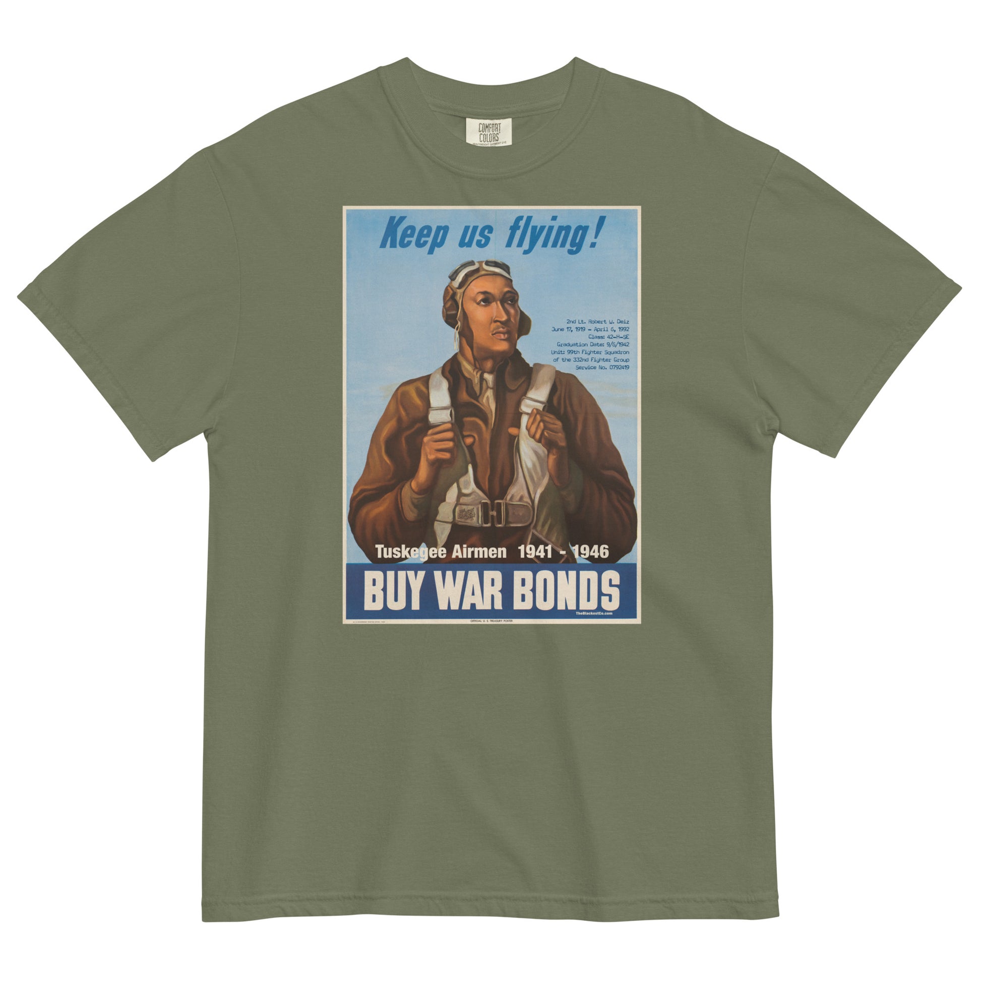 army green t shirt with the image of an african american wwii pilot and tuskegee airmen written on it