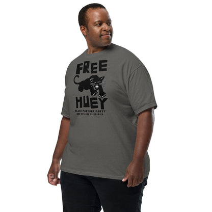 a man wearing a black panther on it and says free huey t - shirt