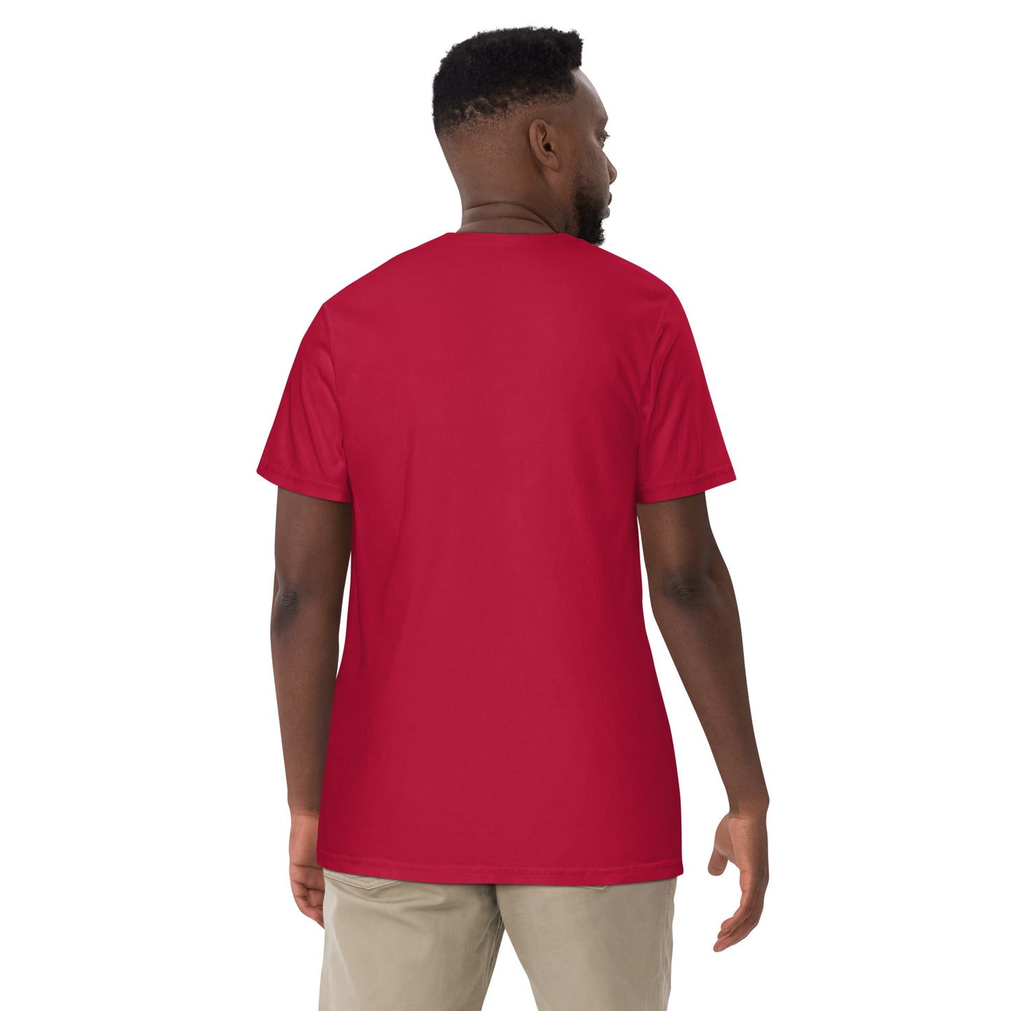 man showing back of a red t shirt