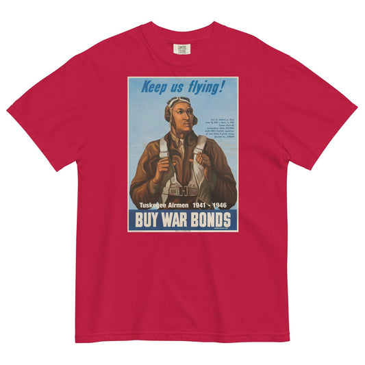 red t shirt with the image of an african american wwii pilot and tuskegee airmen written on it