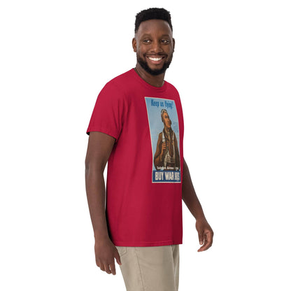 man wearing a red t shirt with the image of an african american wwii pilot and tuskegee airmen written on it