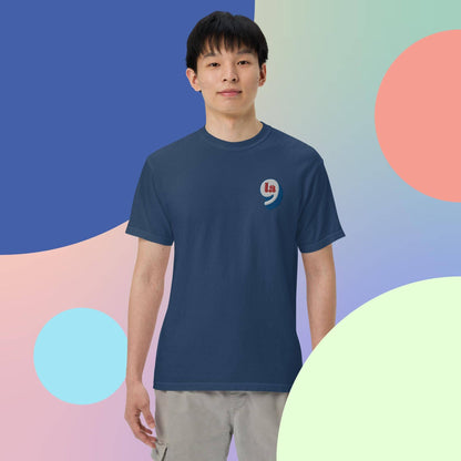 Man in navy blue t-shirt with colorful background