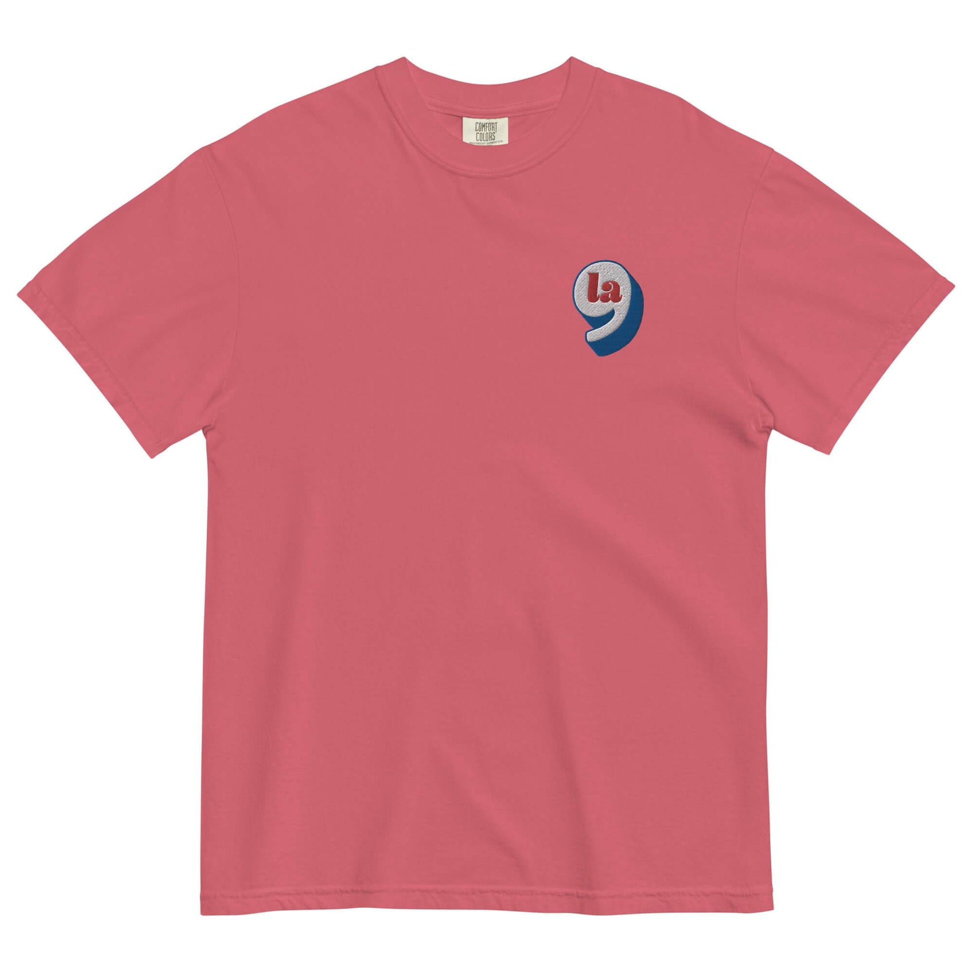 Pink heavyweight t-shirt with red white blue embroidery