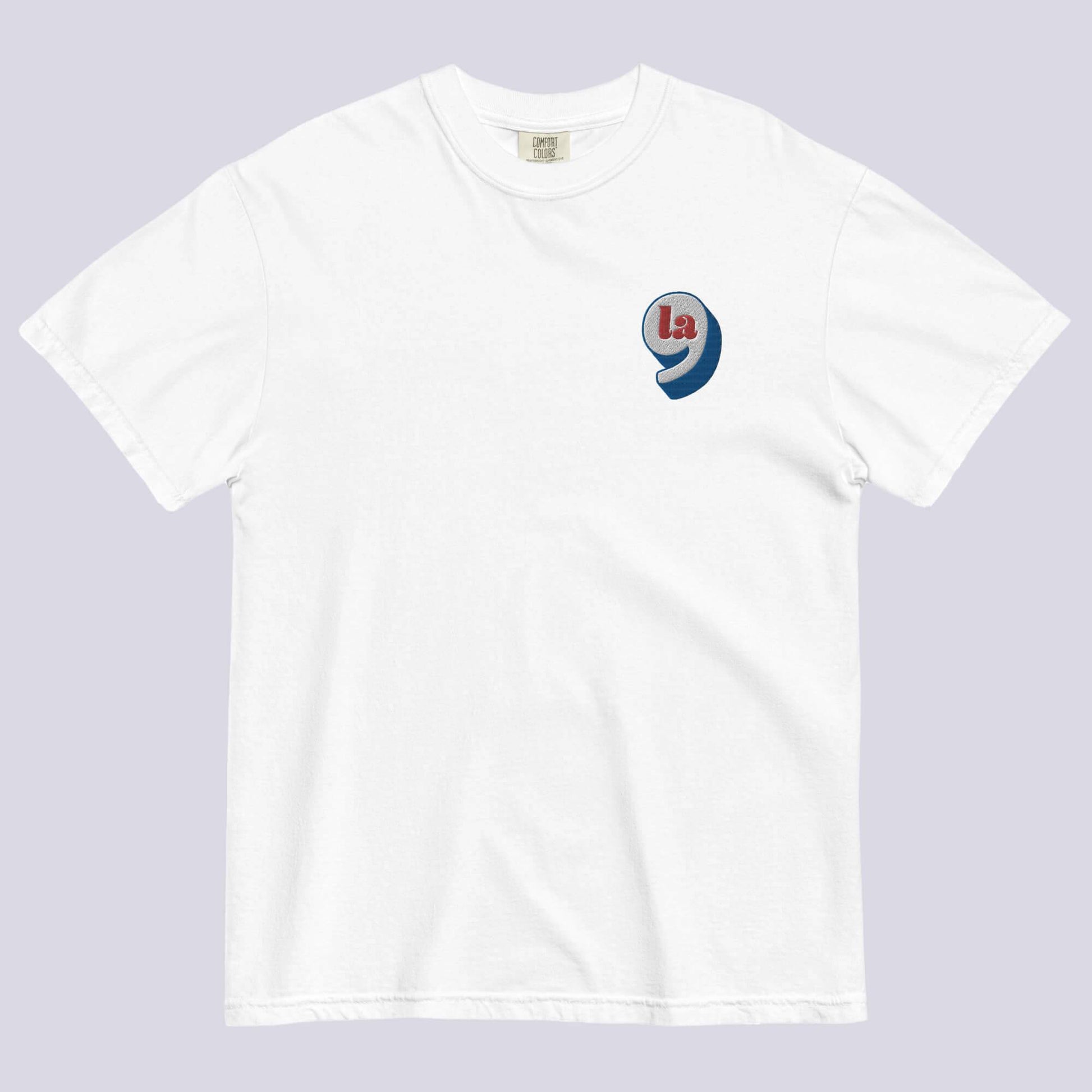 White heavyweight t-shirt with red white blue embroidery