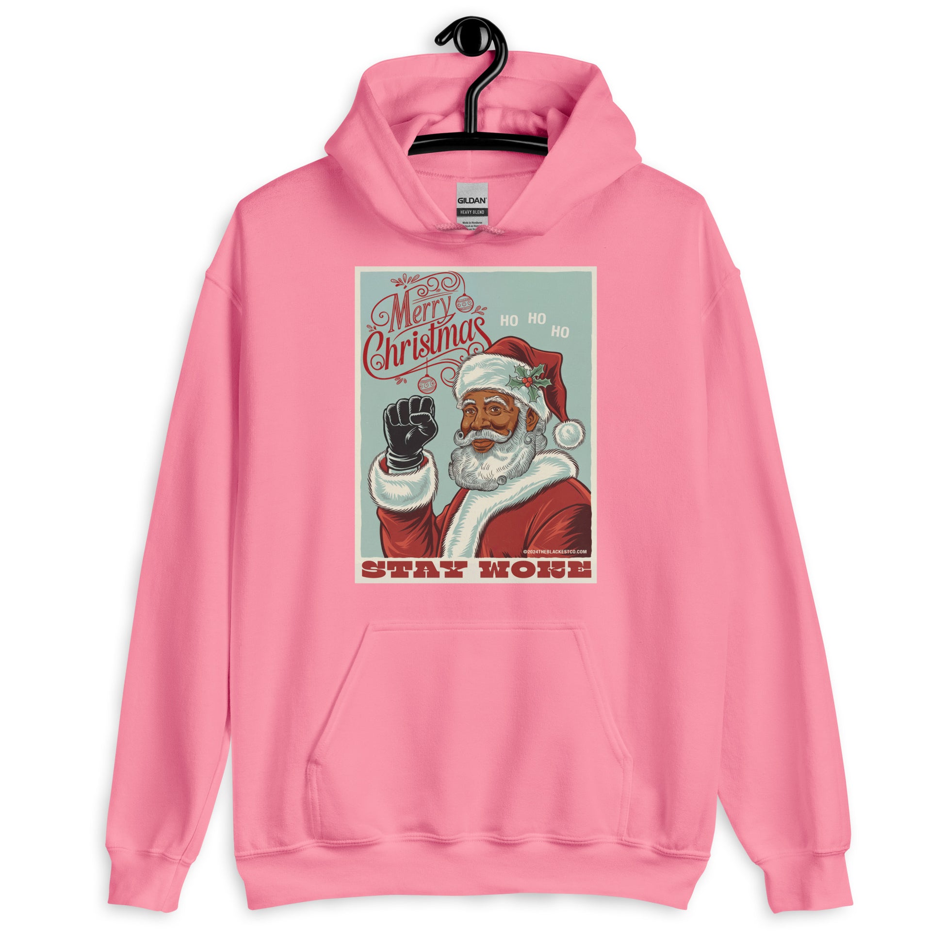 Pink Black Santa Stay Woke Unisex Hoodie on hanger, offering a playful yet powerful holiday look with inclusive Black Santa graphic.