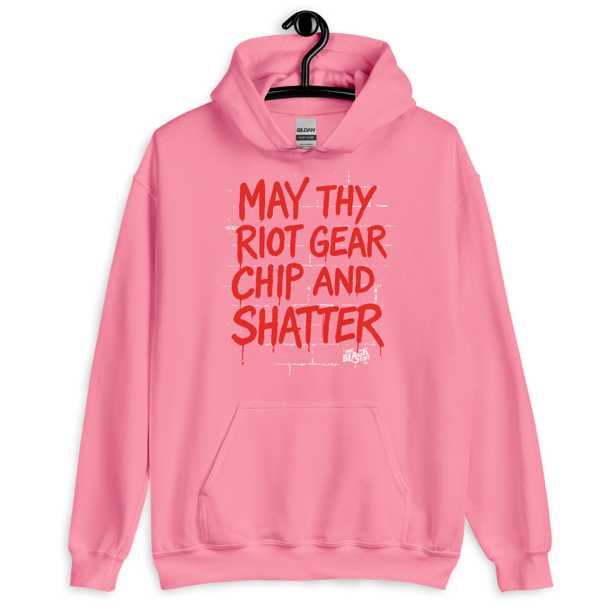 Pink May Thy Riot Gear Chip And Shatter Unisex Hoodie by TheBlackest Co. with bold red activist message, blending softness with powerful expression.
