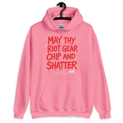 Pink May Thy Riot Gear Chip And Shatter Unisex Hoodie by TheBlackest Co. with bold red activist message, blending softness with powerful expression.