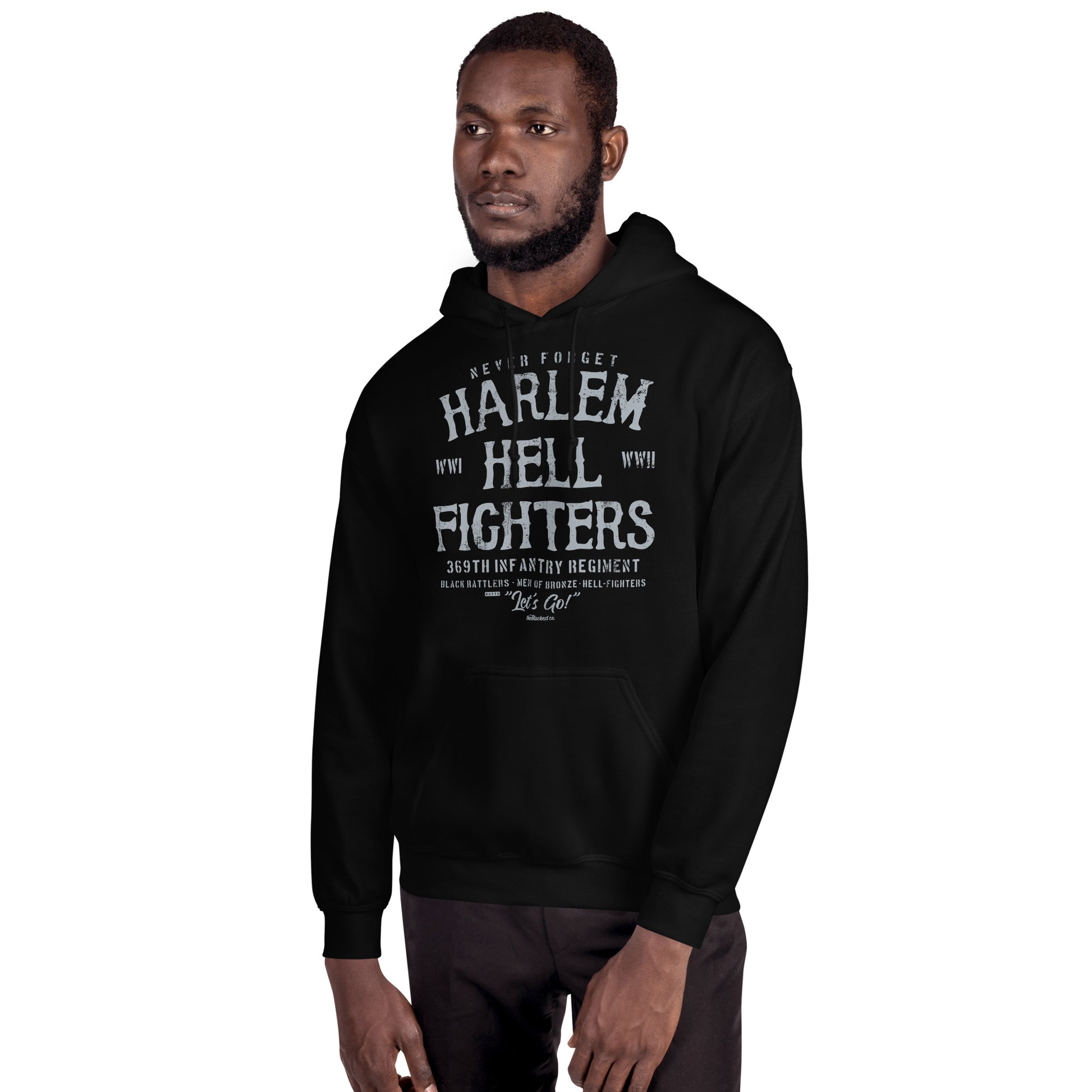 Model wearing Harlem Hellfighter Black Soldiers Staple Unisex Hoodie in black, featuring historic military design and cozy fit.