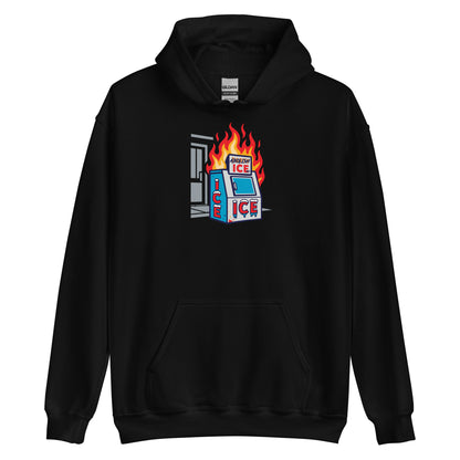 Black Abolice ICE Unisex Pullover Hoodie with burning ICE machine design. Statement hoodie for protest and social justice fashion.