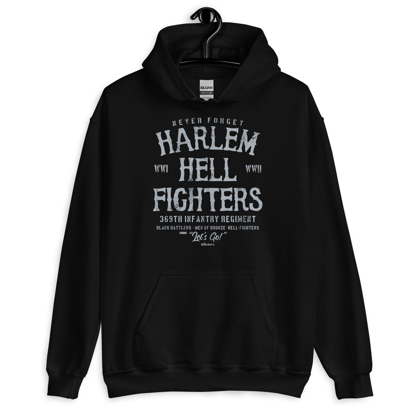 Black Harlem Hellfighter Black Soldiers Staple Unisex Hoodie with bold WWII tribute graphic honoring the 369th Infantry Regiment.