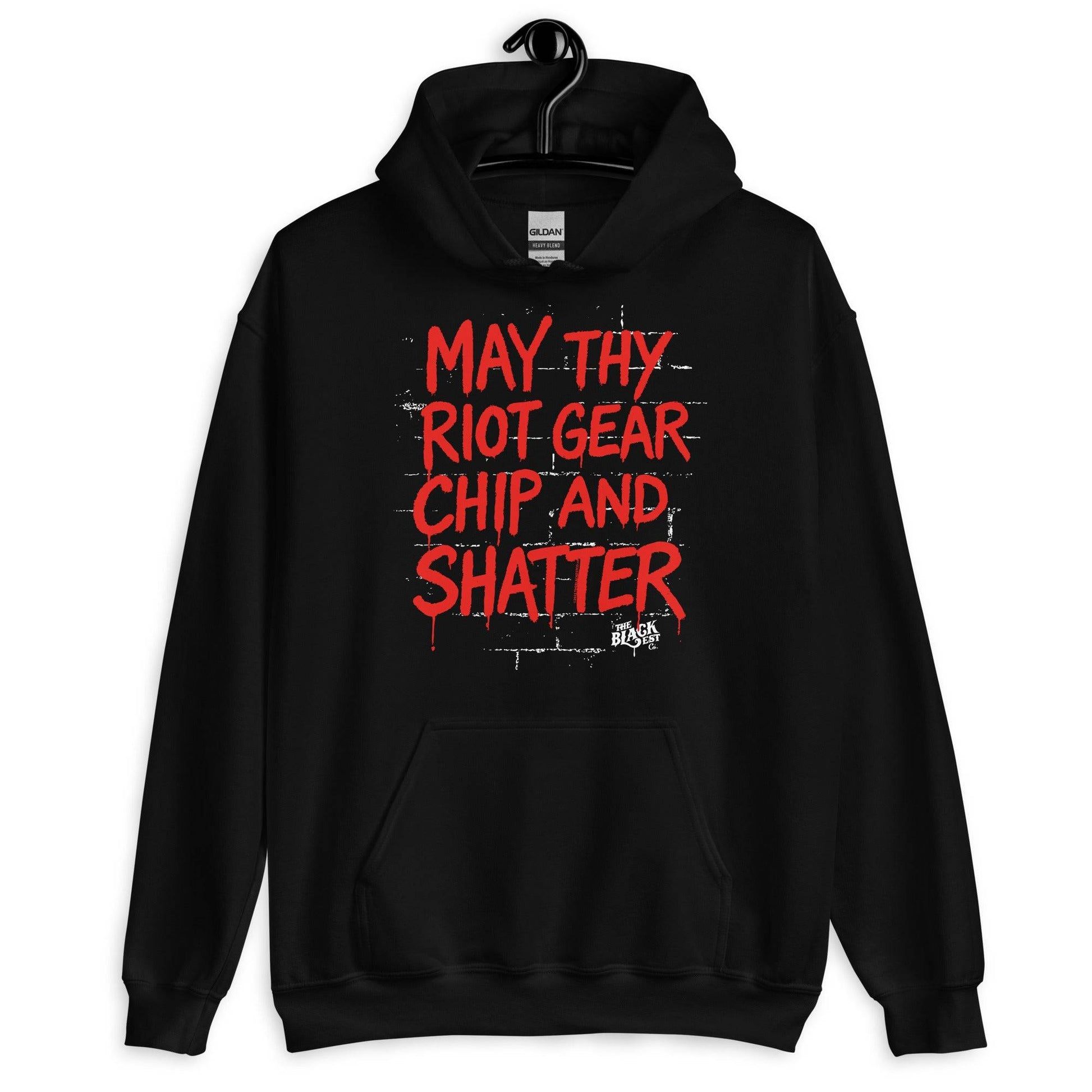 Black May Thy Riot Gear Chip And Shatter Unisex Hoodie by TheBlackest Co. with bold red protest text, ideal for activism and cold weather wear.