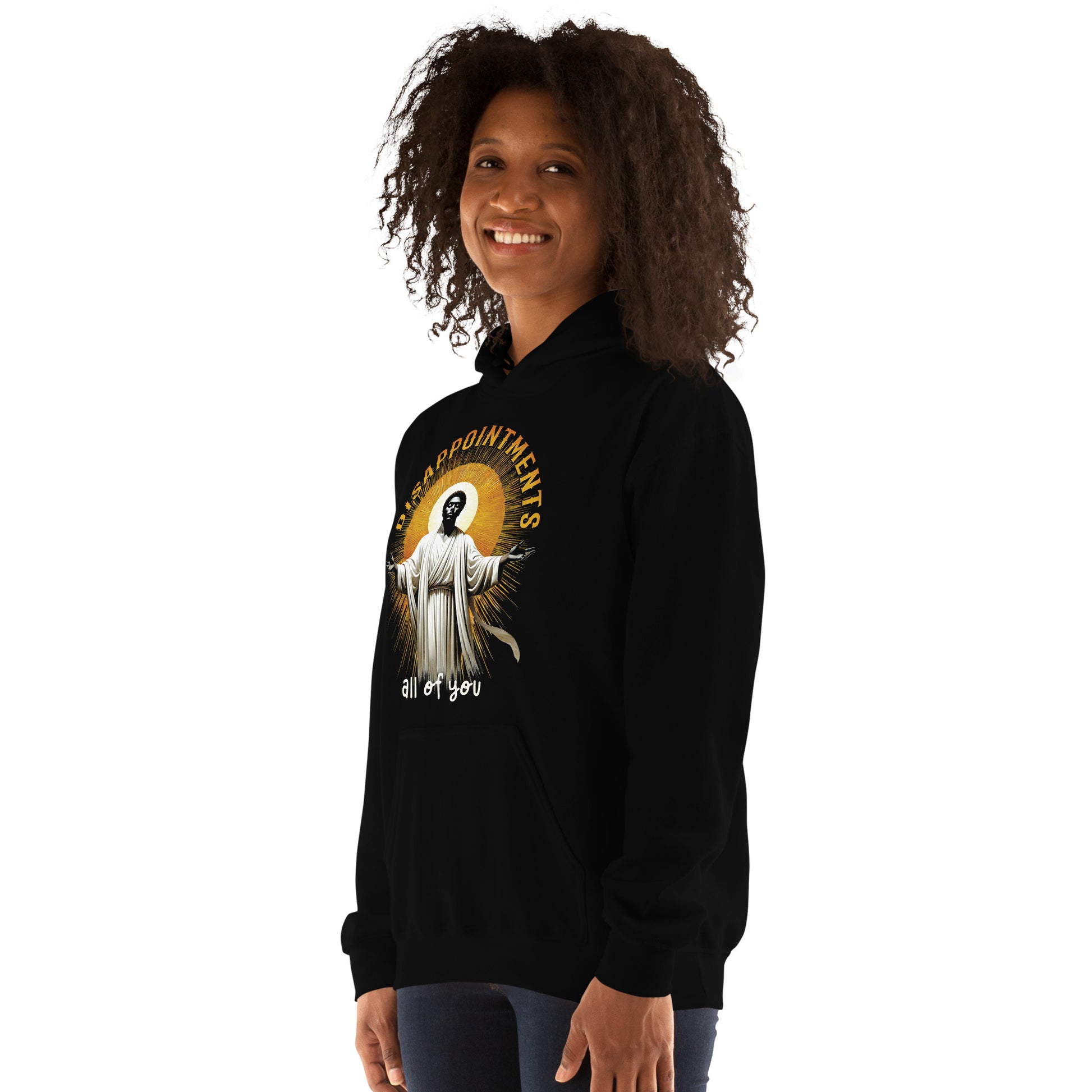 Black Jesus graphic hoodie with religious humor and side-eye design