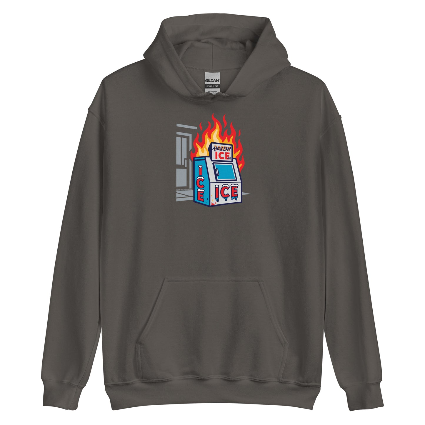 Dark gray Abolice ICE Unisex Pullover Hoodie with anti-ICE flaming machine print. Cozy justice hoodie for protest and everyday wear.