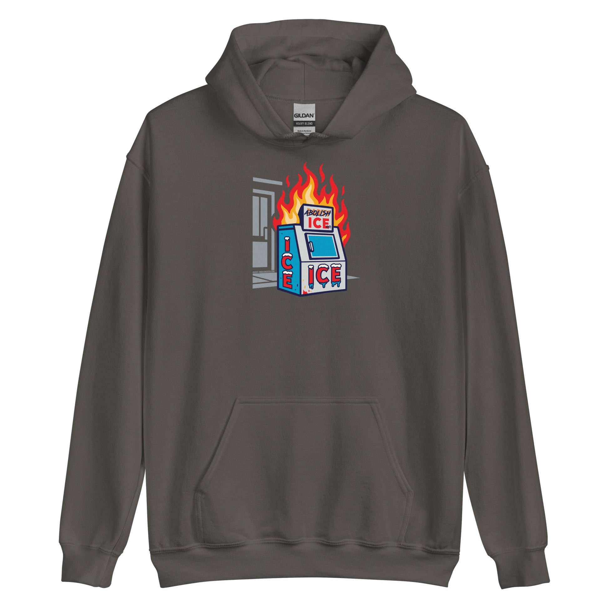 Dark gray Abolice ICE Unisex Pullover Hoodie with anti-ICE flaming machine print. Cozy justice hoodie for protest and everyday wear.
