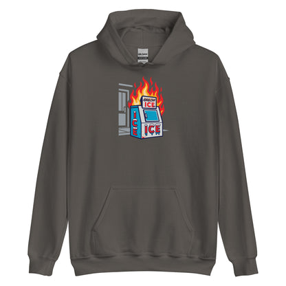 Dark gray Abolice ICE Unisex Pullover Hoodie with anti-ICE flaming machine print. Cozy justice hoodie for protest and everyday wear.