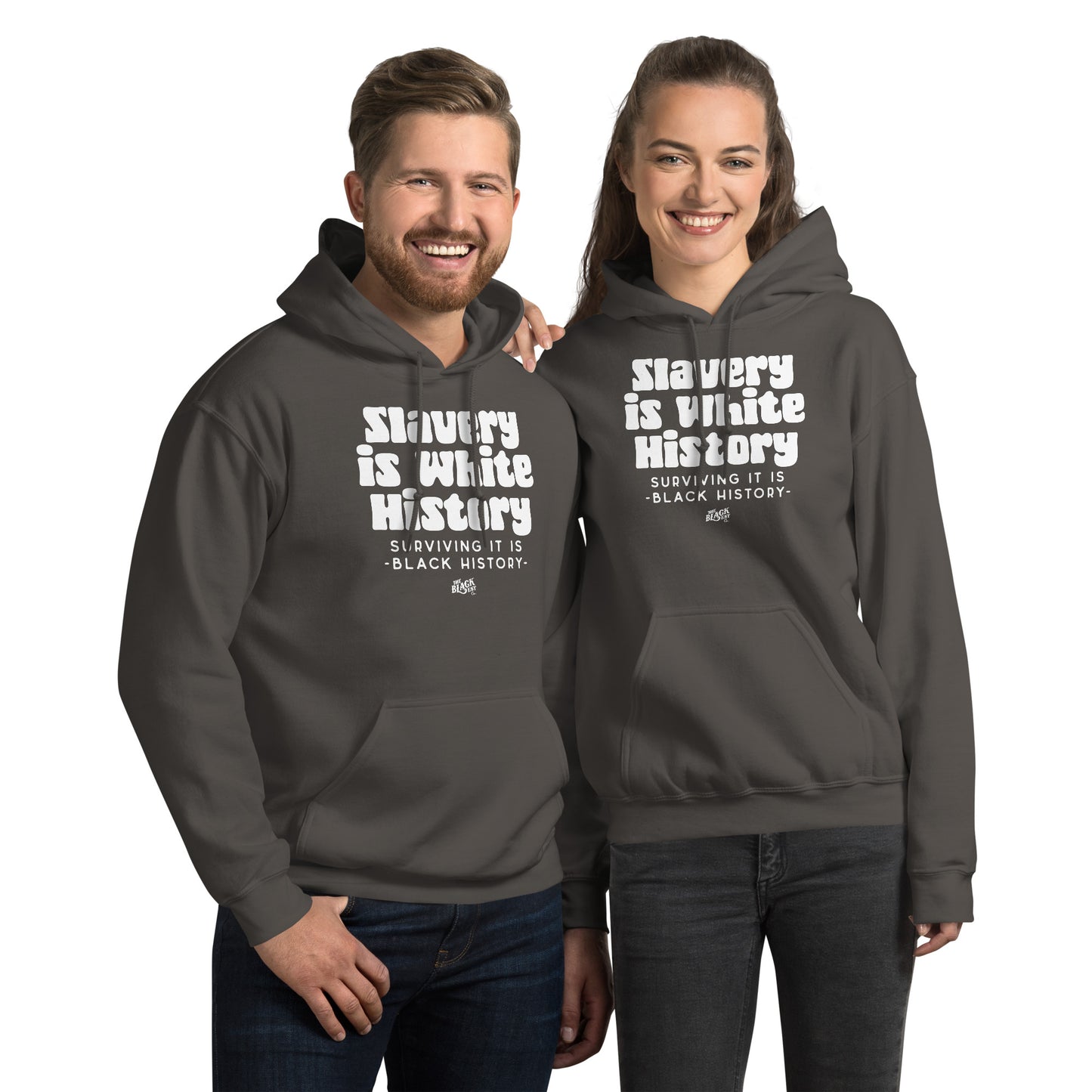 Two models wearing matching charcoal Slavery Is White History Hoodie ALLY VERSION by TheBlackest Co., showcasing fit and activist design.