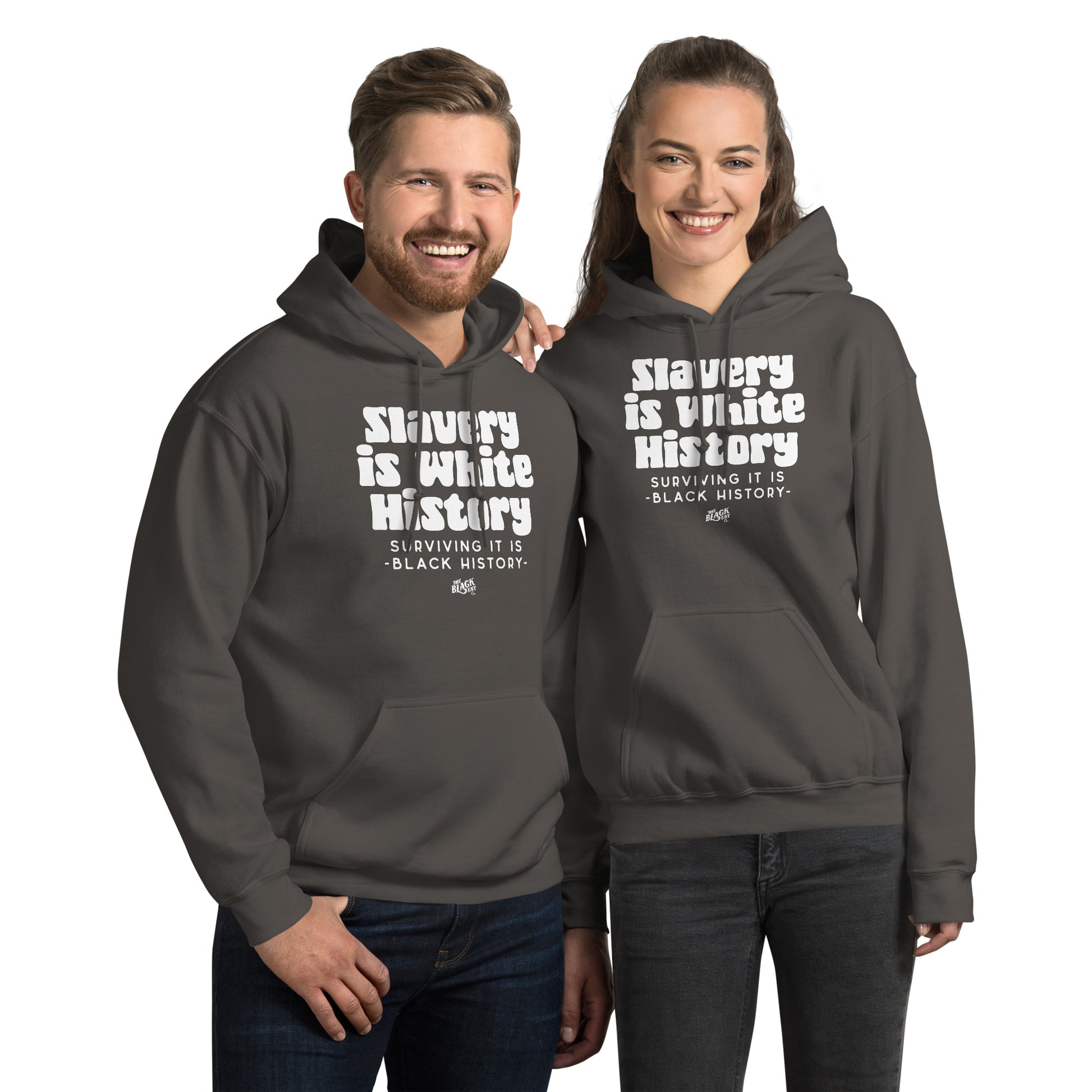 Two models wearing matching charcoal Slavery Is White History Hoodie ALLY VERSION by TheBlackest Co., showcasing fit and activist design.