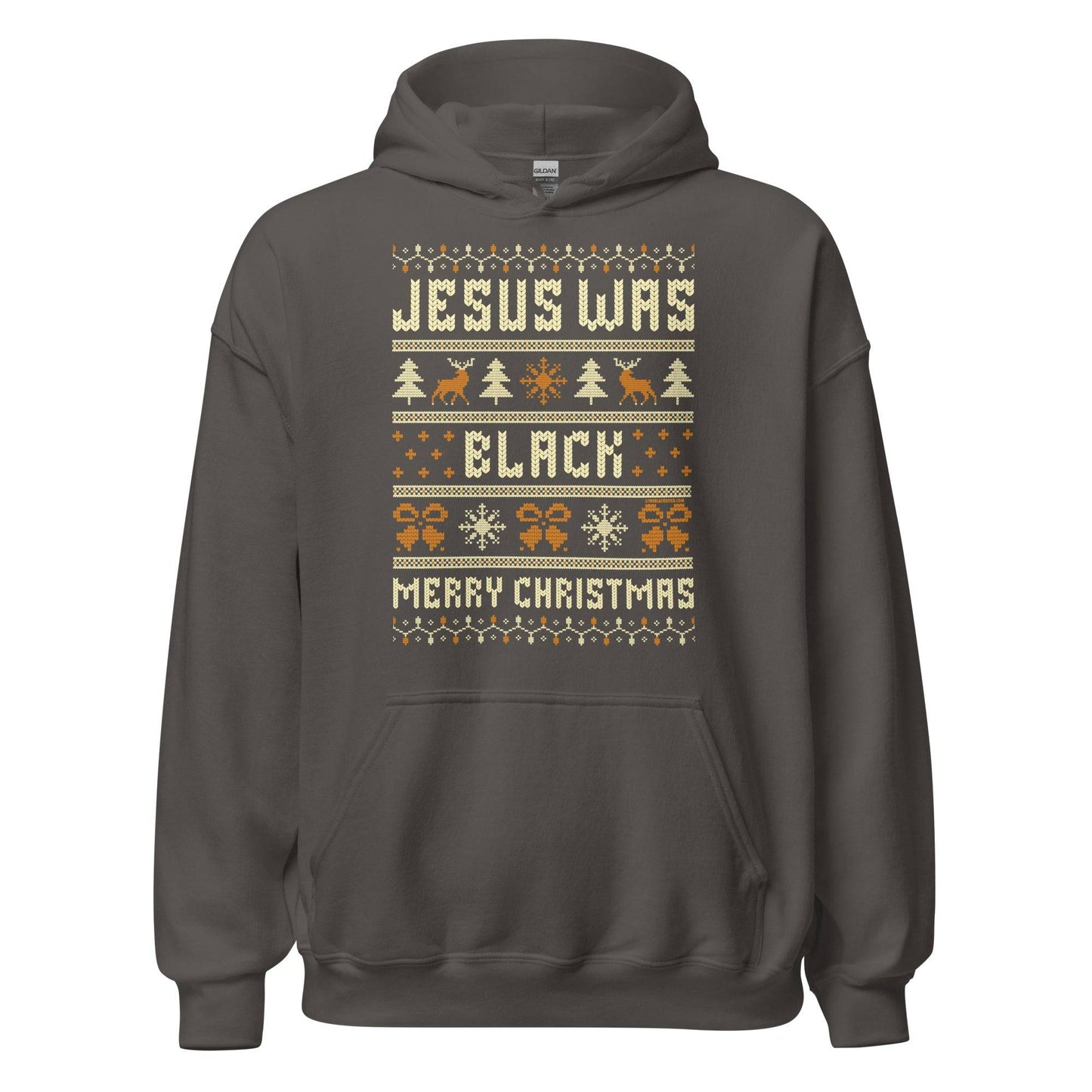 Charcoal gray Jesus Was Black Merry Christmas Unisex Hoodie by TheBlackest Co., cozy winter staple with bold seasonal message.