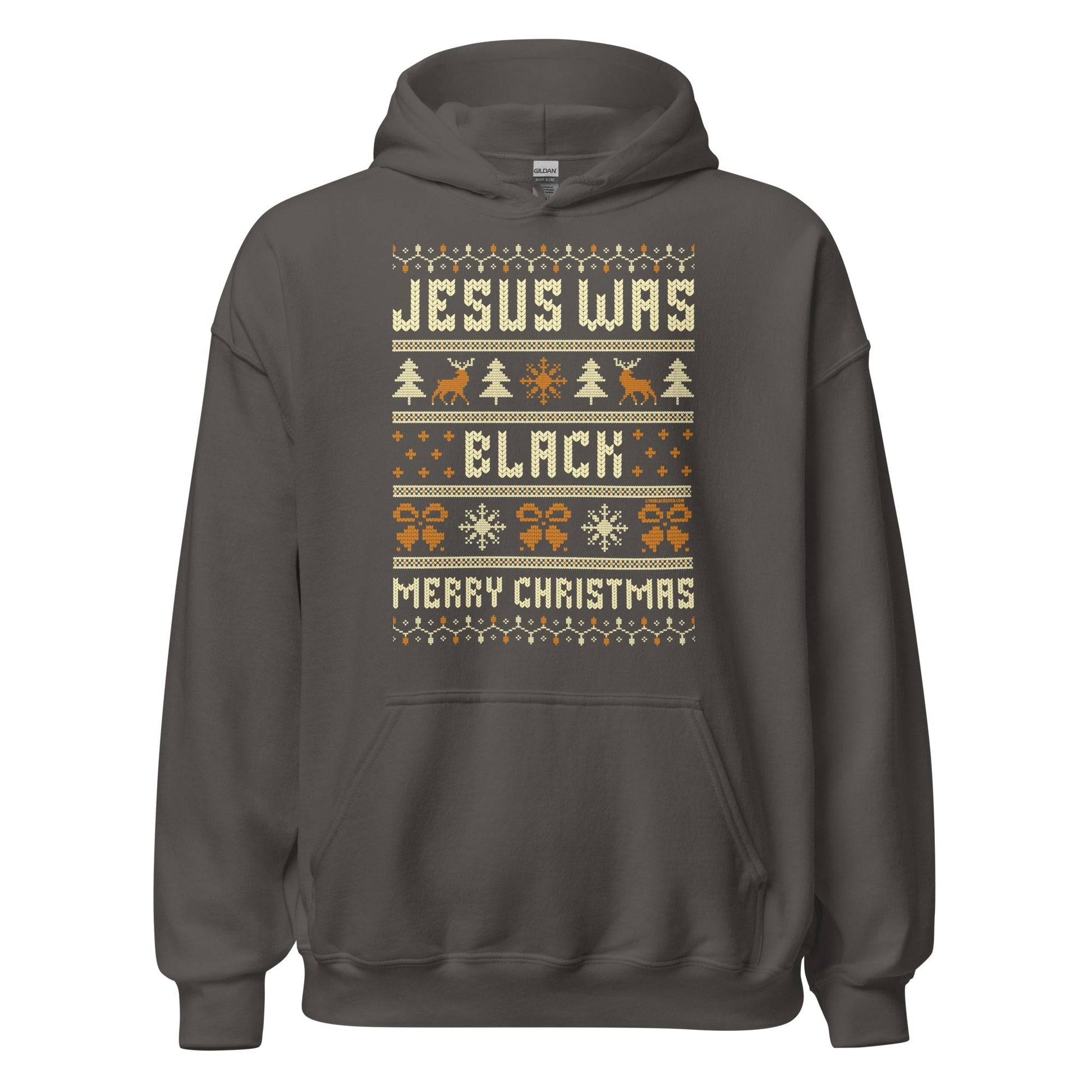 Charcoal gray Jesus Was Black Merry Christmas Unisex Hoodie by TheBlackest Co., cozy winter staple with bold seasonal message.