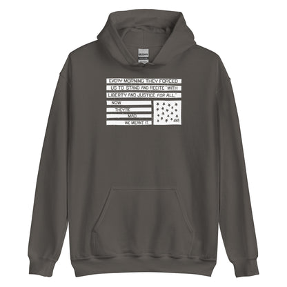 Gray hoodie with black and white flag design, Now They're Mad We Meant It