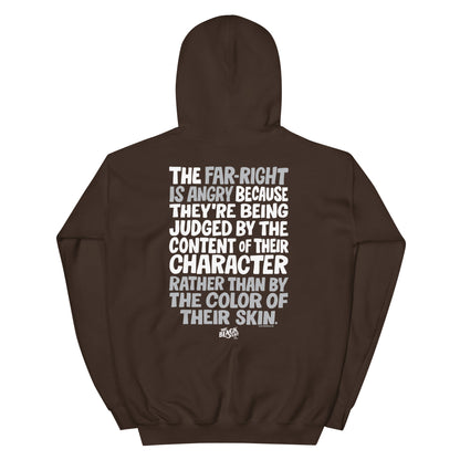 Brown Why The Far Right Is Angry Hoodie by TheBlackest Co. featuring strong back print quote, perfect for cold weather activism.