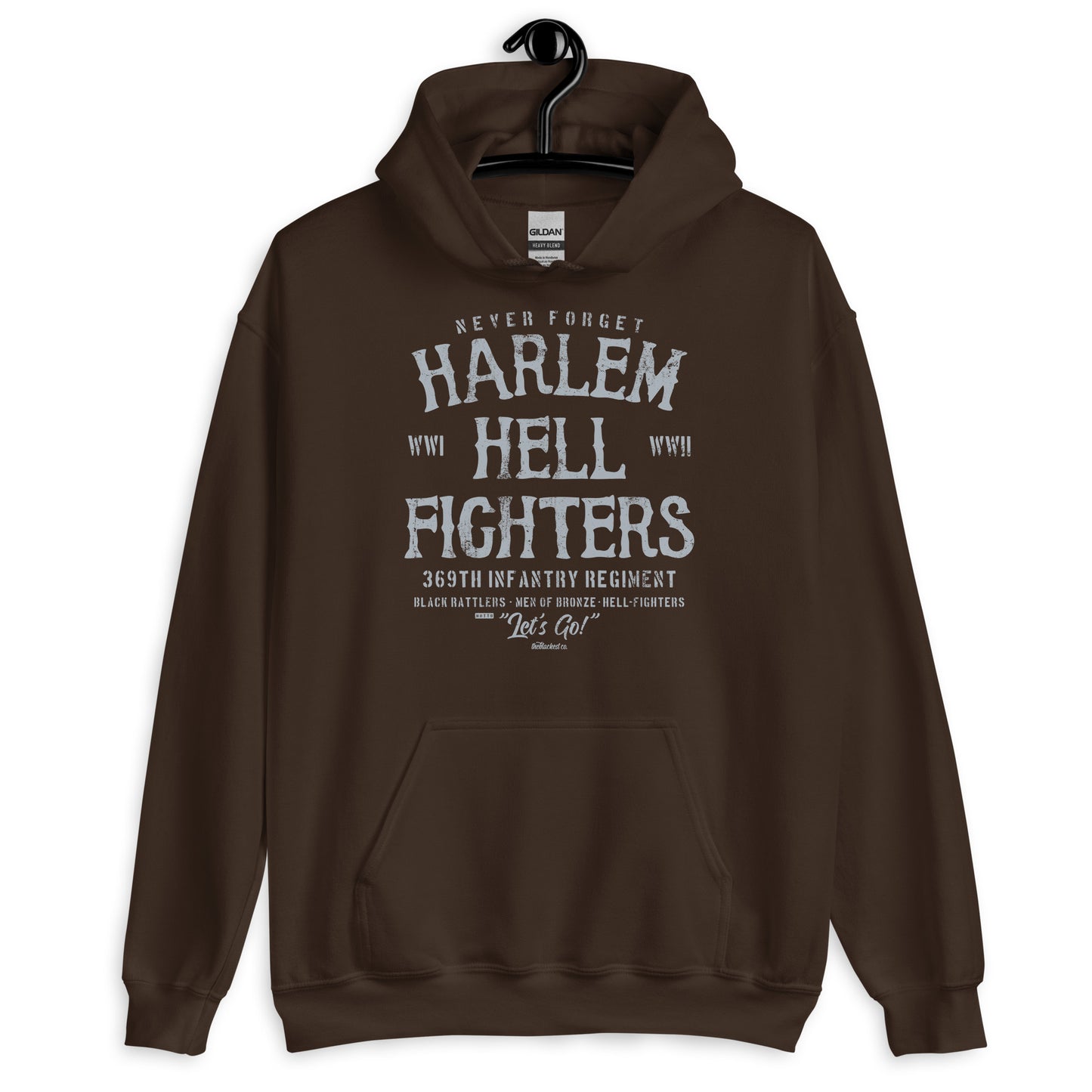 Brown Harlem Hellfighter Black Soldiers Staple Unisex Hoodie featuring historic tribute to Black soldiers in bold white lettering.