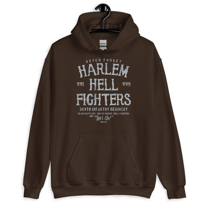 Brown Harlem Hellfighter Black Soldiers Staple Unisex Hoodie featuring historic tribute to Black soldiers in bold white lettering.