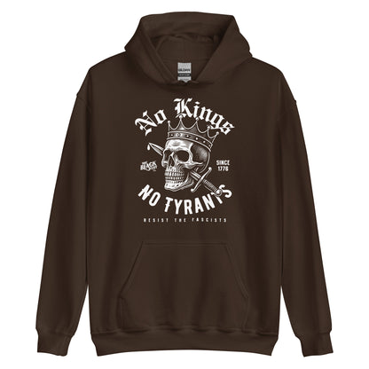 Brown No Kings No Tyrants Skull Protest Hoodie by TheBlackest Co., featuring white skull design and anti-tyranny message for cultural streetwear lovers.