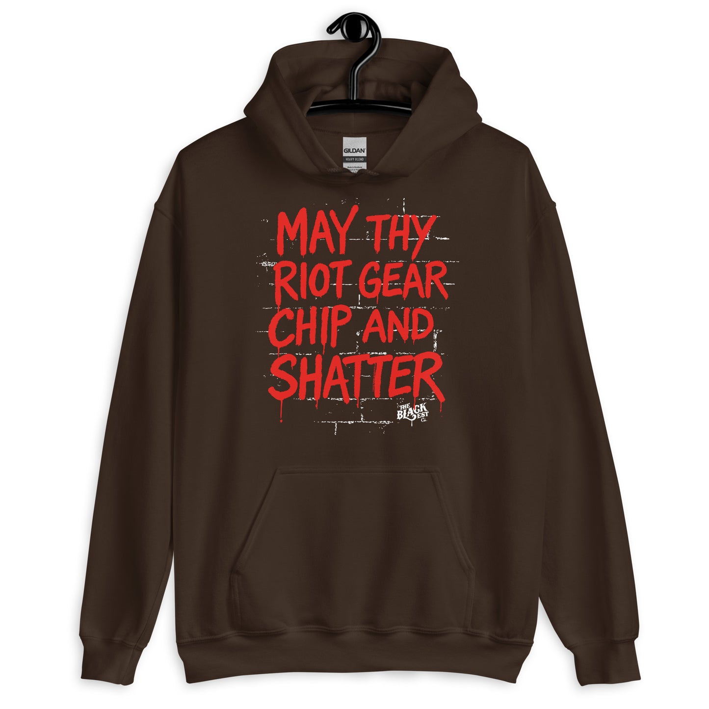 Brown May Thy Riot Gear Chip And Shatter Unisex Hoodie by TheBlackest Co. with bold red lettering, combining activism and comfort in one pullover.