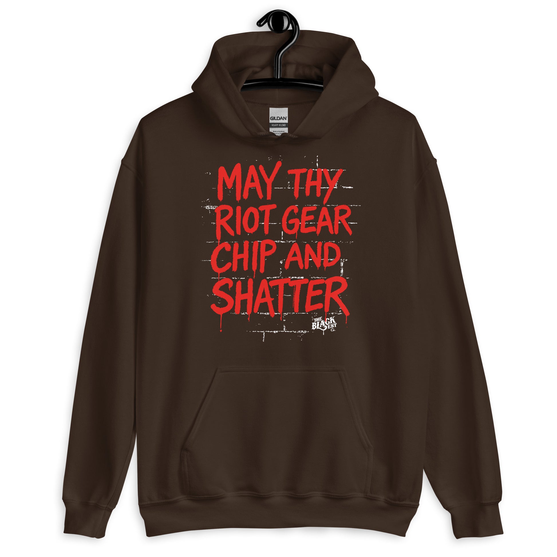 Brown May Thy Riot Gear Chip And Shatter Unisex Hoodie by TheBlackest Co. with bold red lettering, combining activism and comfort in one pullover.