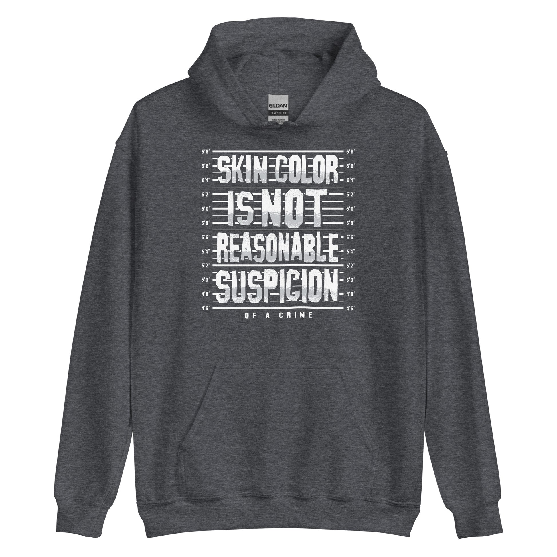 Dark heather gray Skin Color Is Not A Crime Unisex Hoodie by TheBlackest Co., combining comfort and cultural statement in cold weather gear.