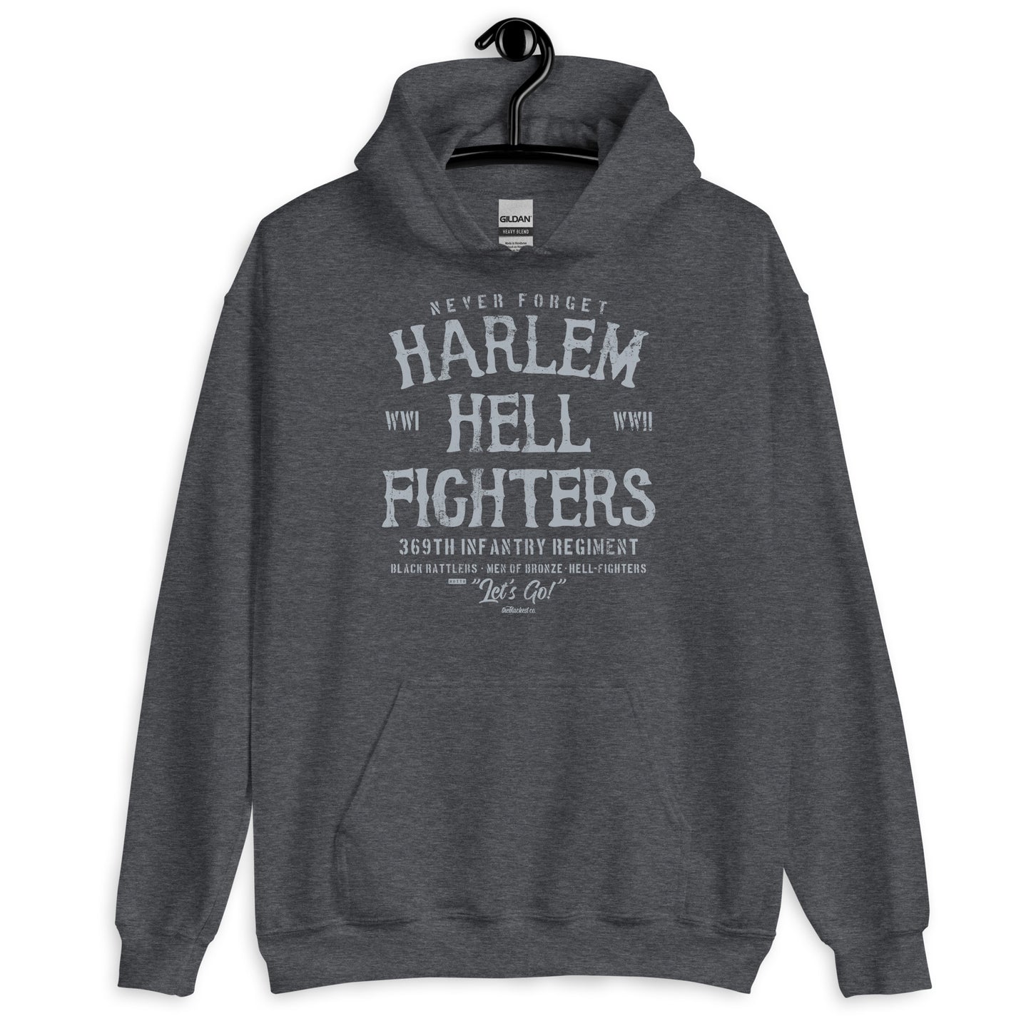 Dark gray Harlem Hellfighter Black Soldiers Staple Unisex Hoodie with bold WWII tribute print and soft fleece interior.