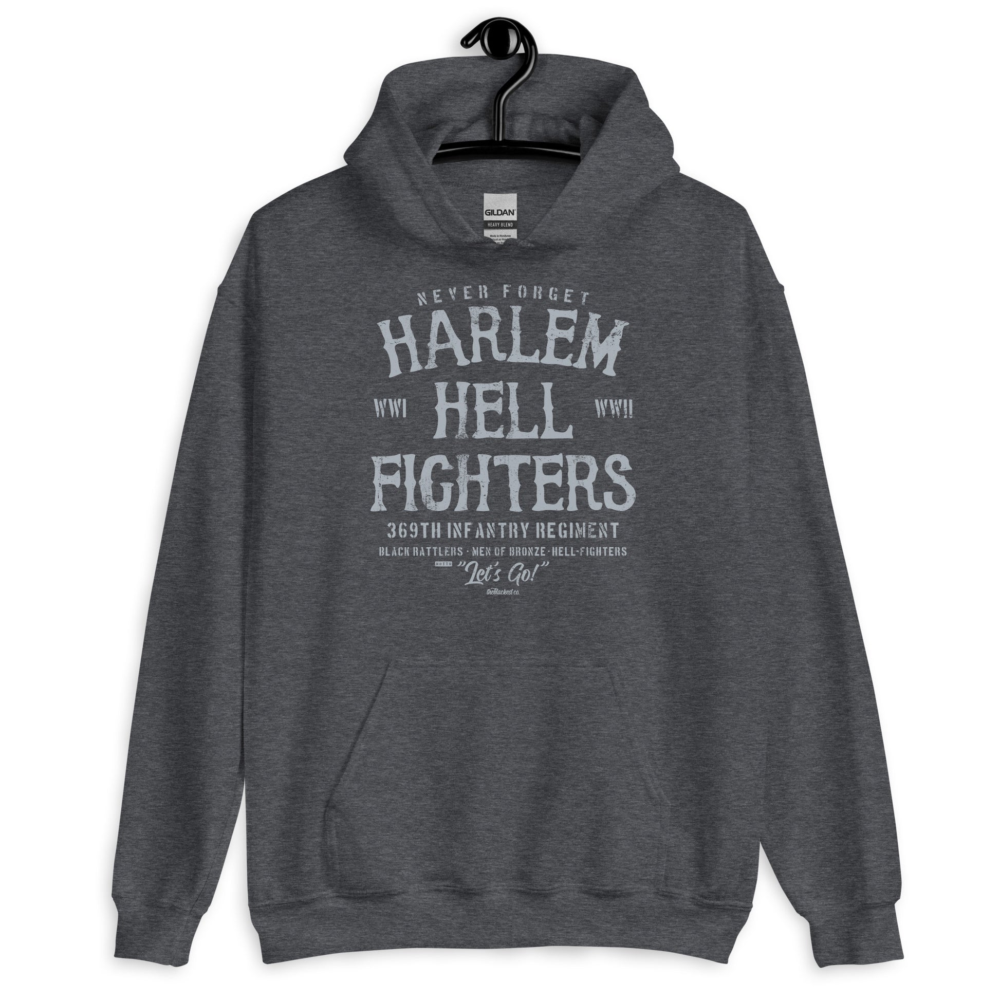 Dark gray Harlem Hellfighter Black Soldiers Staple Unisex Hoodie with bold WWII tribute print and soft fleece interior.