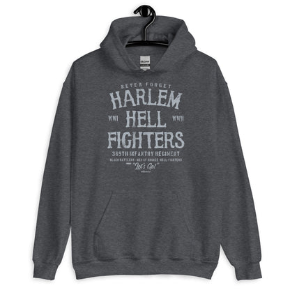 Dark gray Harlem Hellfighter Black Soldiers Staple Unisex Hoodie with bold WWII tribute print and soft fleece interior.