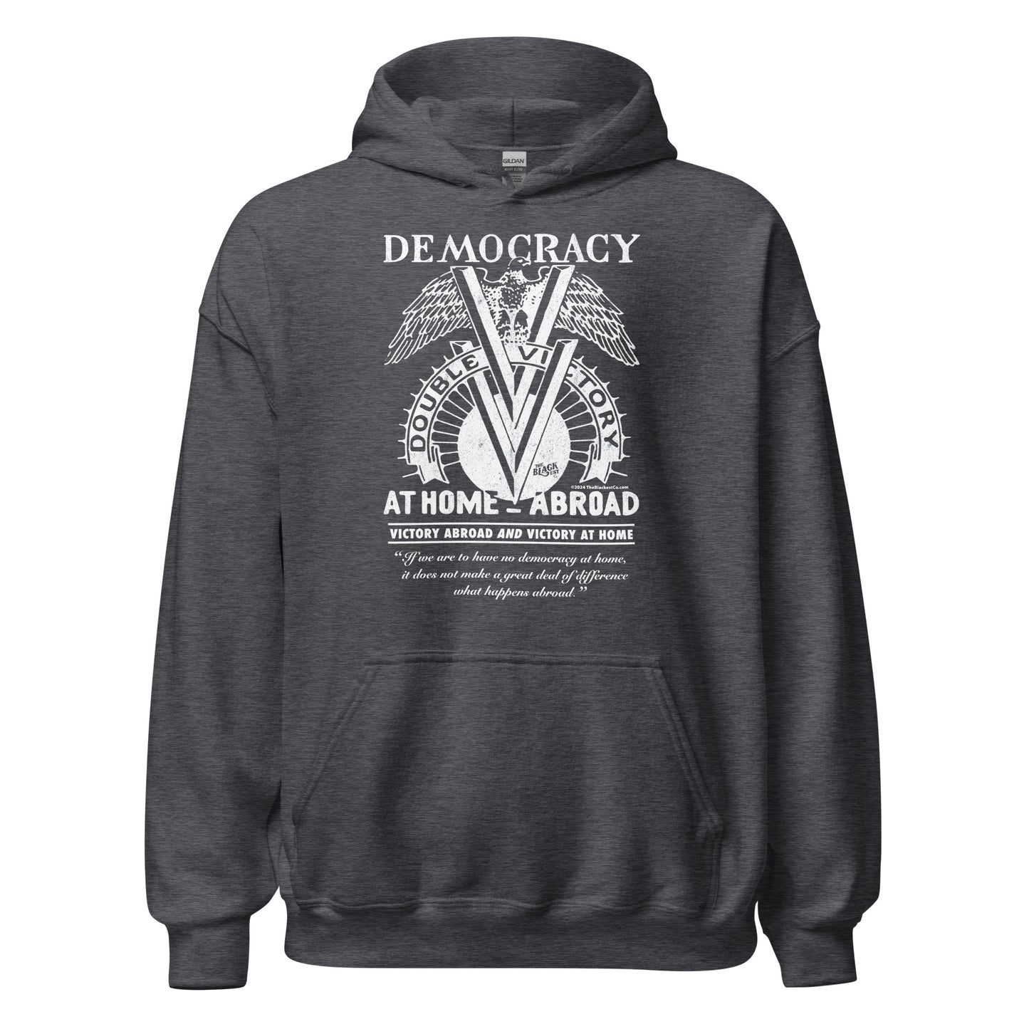 Dark gray Double V Campaign WWII Black Soldiers Hoodie with vintage-style WWII design honoring Black military service and civil rights.
