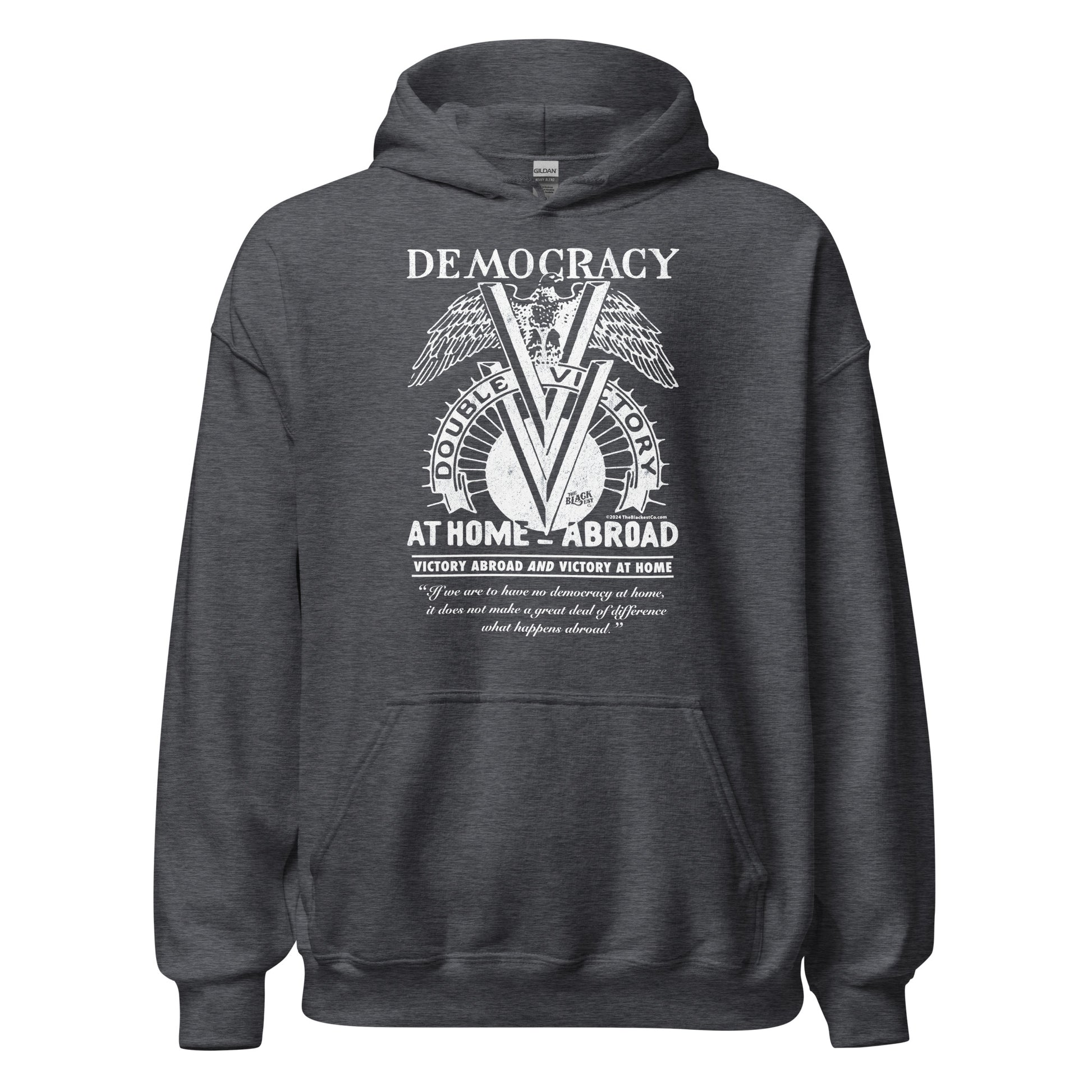 Dark gray Double V Campaign WWII Black Soldiers Hoodie with vintage-style WWII design honoring Black military service and civil rights.