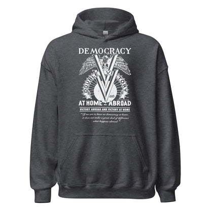 Dark gray Double V Campaign WWII Black Soldiers Hoodie with vintage-style WWII design honoring Black military service and civil rights.
