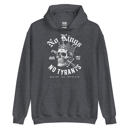 Dark gray No Kings No Tyrants Skull Protest Hoodie by TheBlackest Co., featuring bold protest skull design and cultural empowerment message.