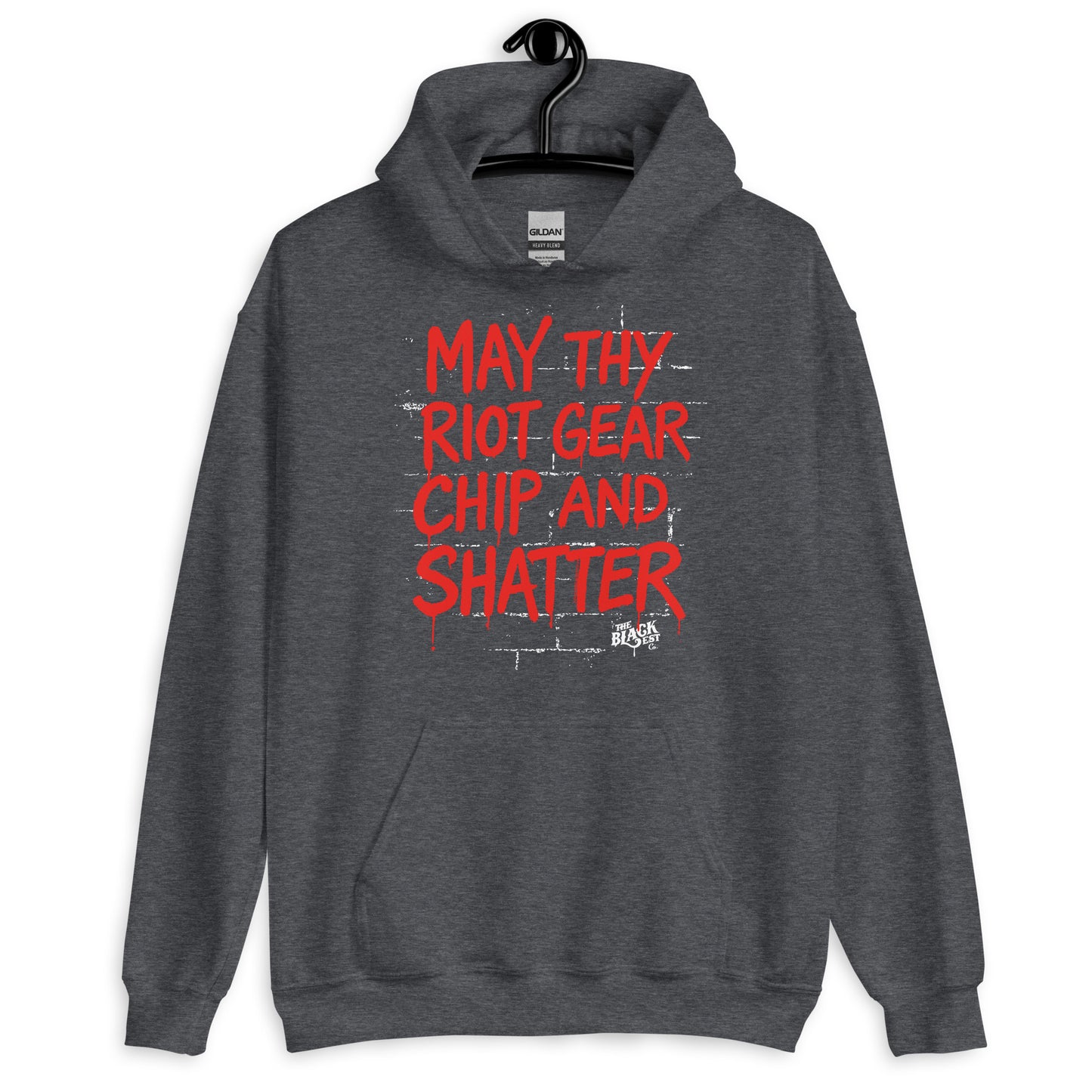 Dark heather gray May Thy Riot Gear Chip And Shatter Unisex Hoodie by TheBlackest Co., featuring red protest typography for impactful winter wear.