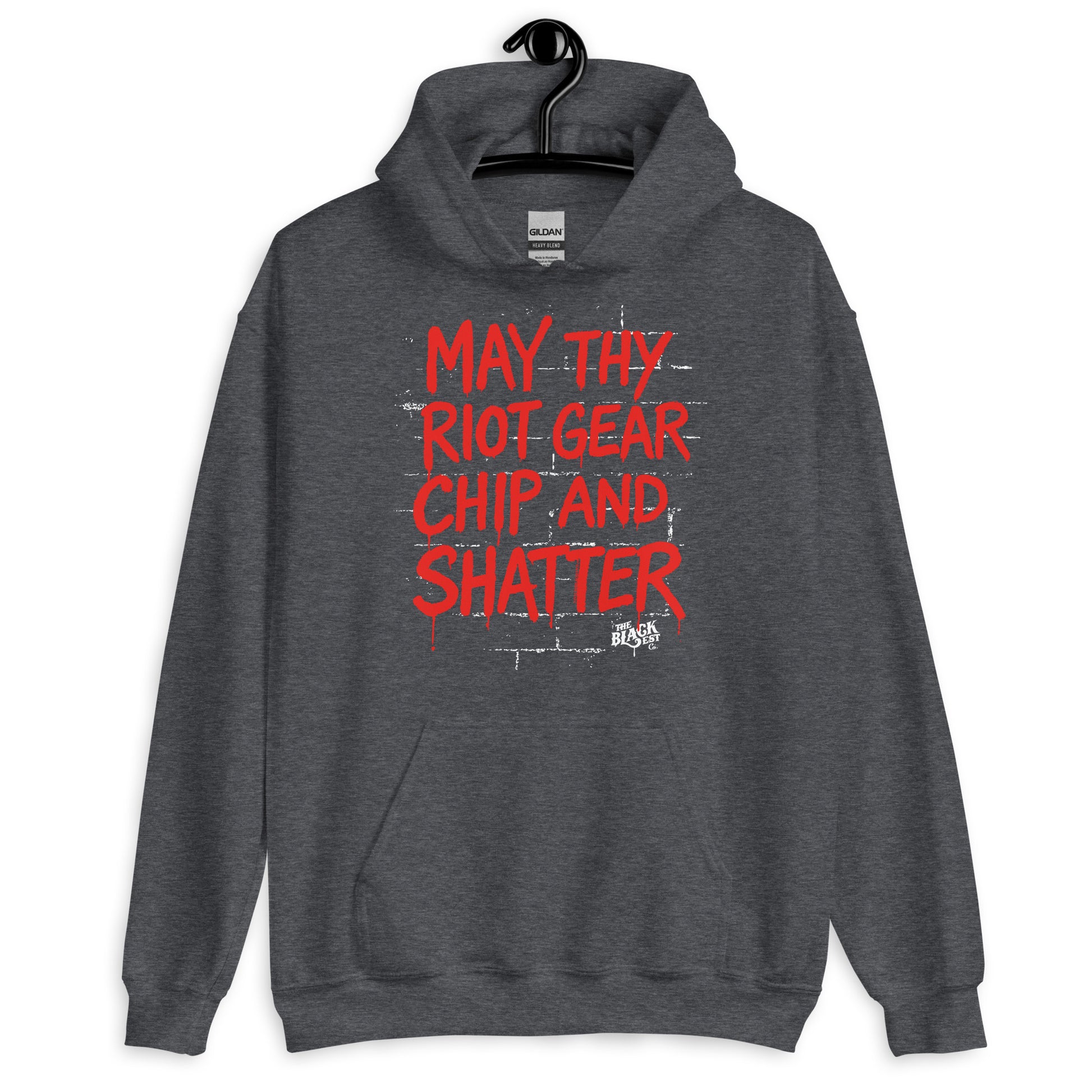 Dark heather gray May Thy Riot Gear Chip And Shatter Unisex Hoodie by TheBlackest Co., featuring red protest typography for impactful winter wear.