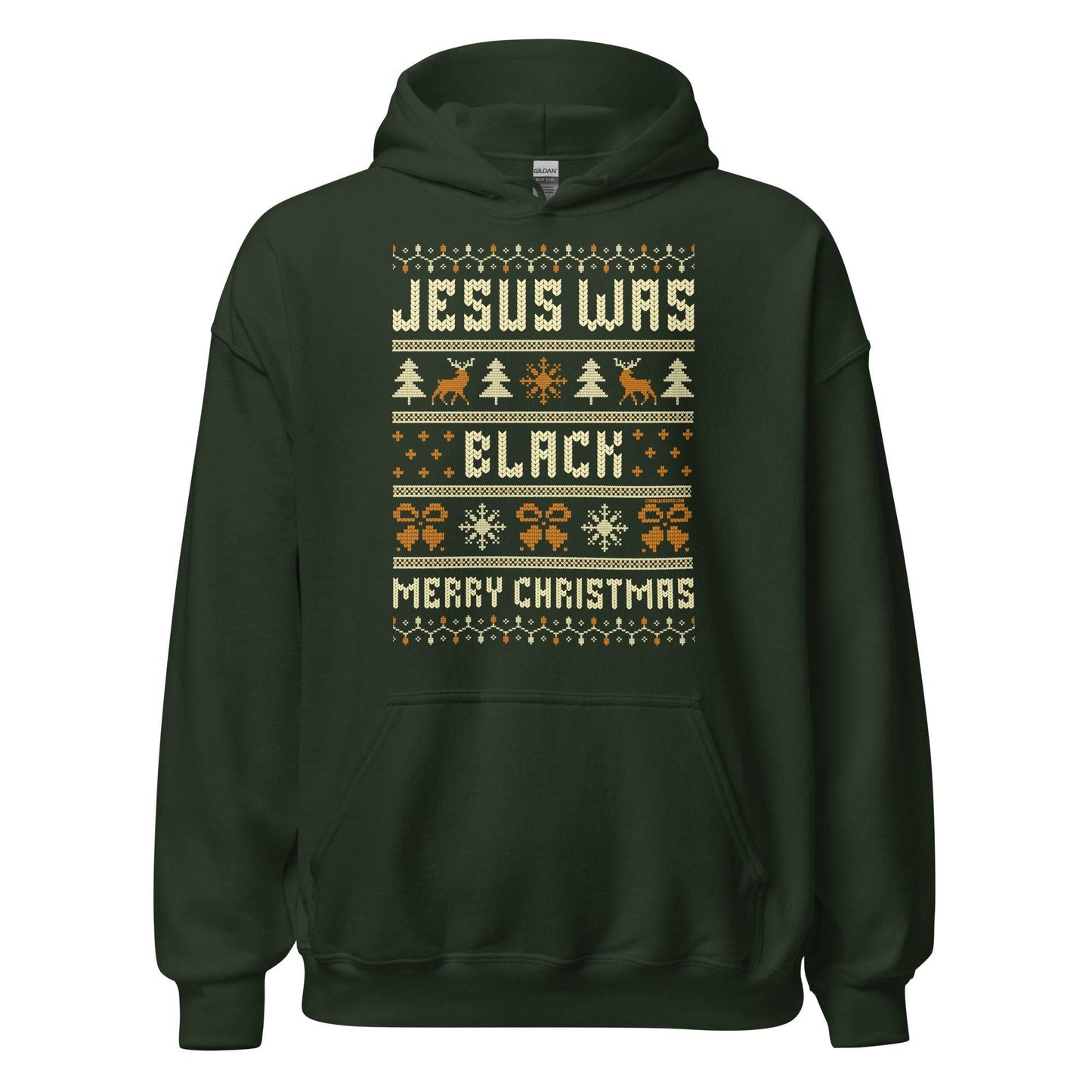 Dark green Jesus Was Black Merry Christmas Unisex Hoodie by TheBlackest Co., featuring holiday icons and bold message for cold weather style.
