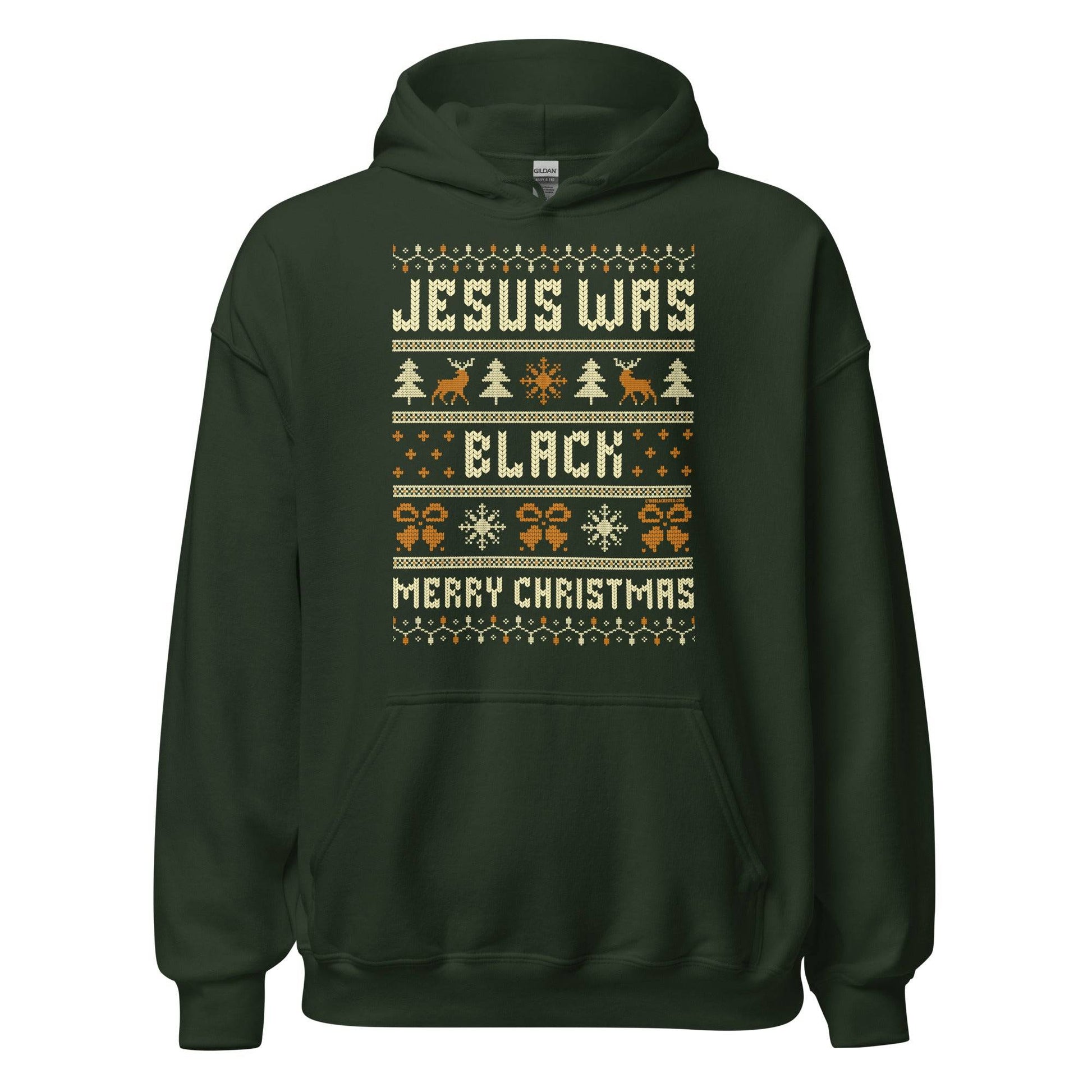 Dark green Jesus Was Black Merry Christmas Unisex Hoodie by TheBlackest Co., featuring holiday icons and bold message for cold weather style.