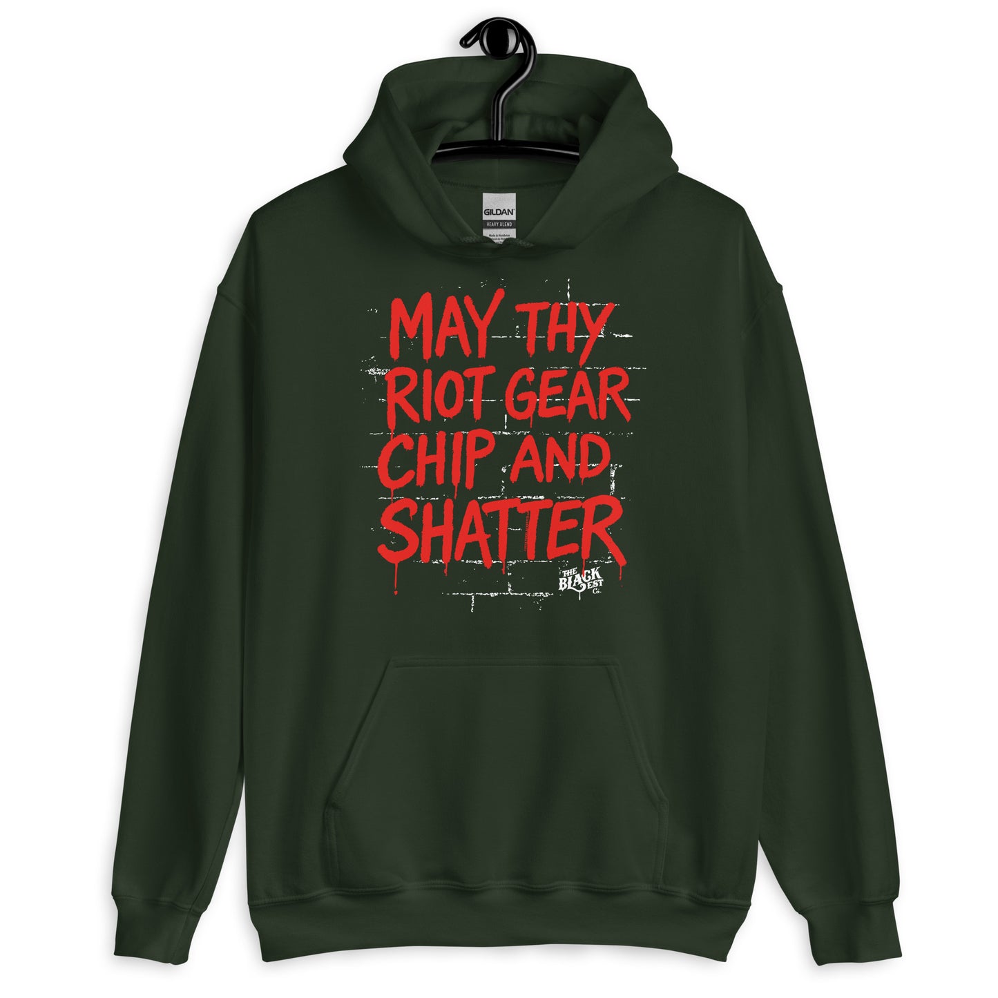Forest green May Thy Riot Gear Chip And Shatter Unisex Hoodie by TheBlackest Co., featuring red protest message for bold winter streetwear style.